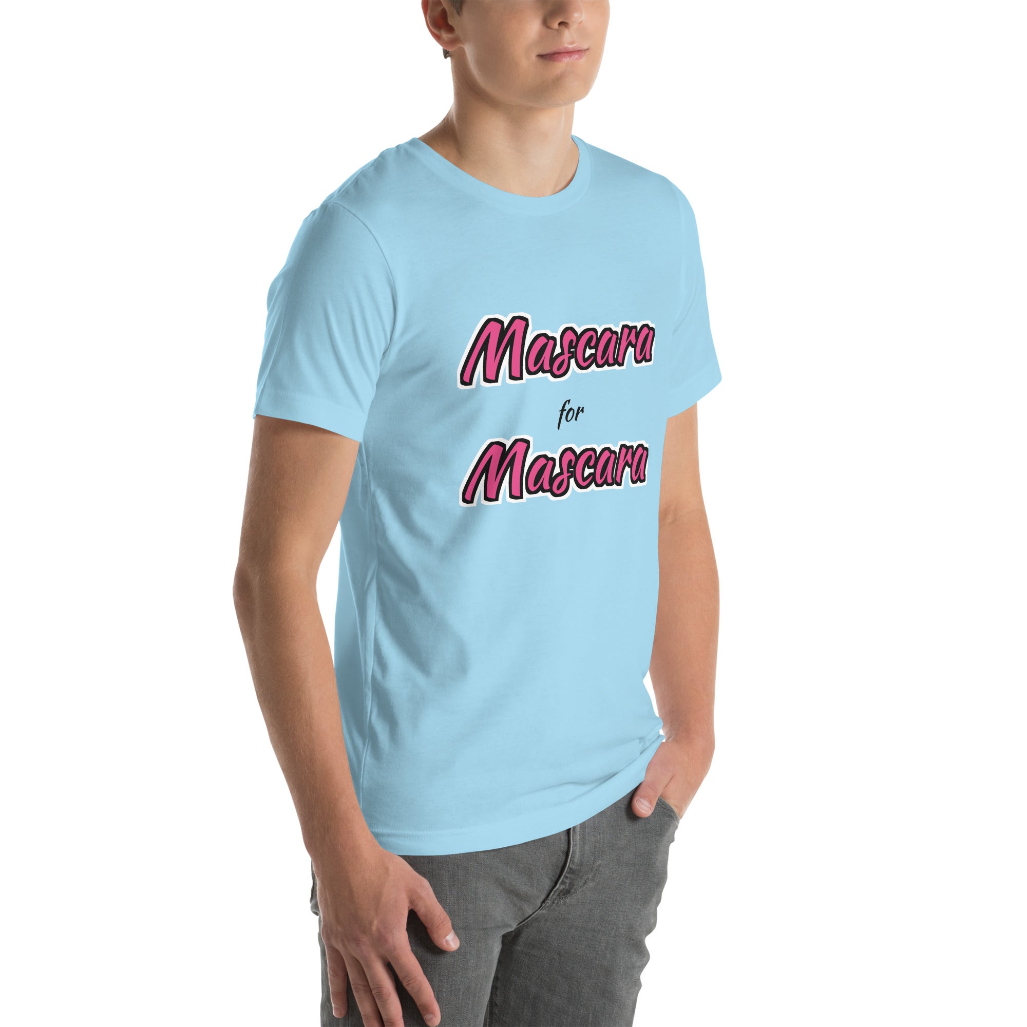 drag pride t-shirt — Mascara for Mascara print, ocean blue t-shirt right 3/4 view