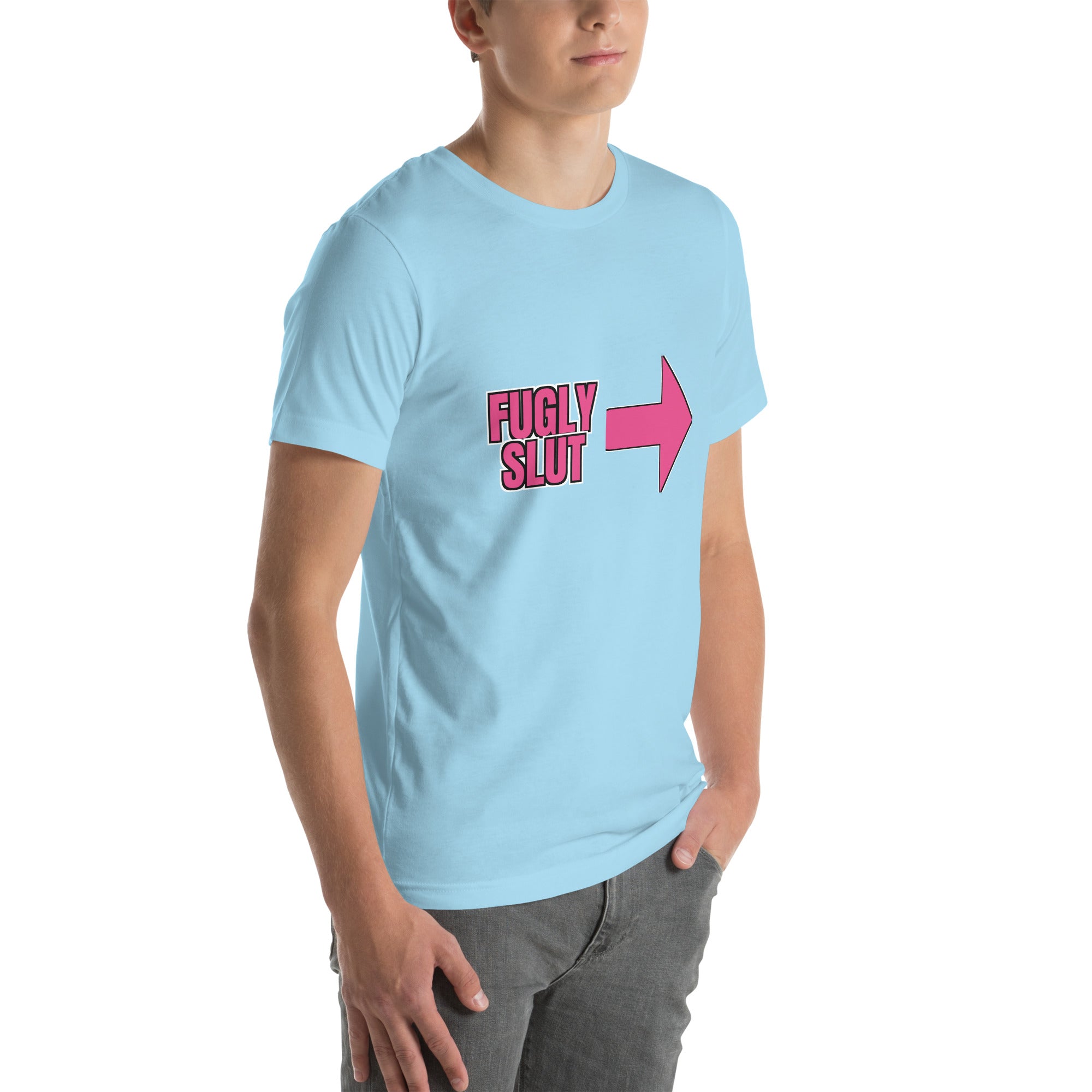 sassy pride t-shirt — Fugly Sl*t Arrow Right print, ocean blue t-shirt right 3/4 view