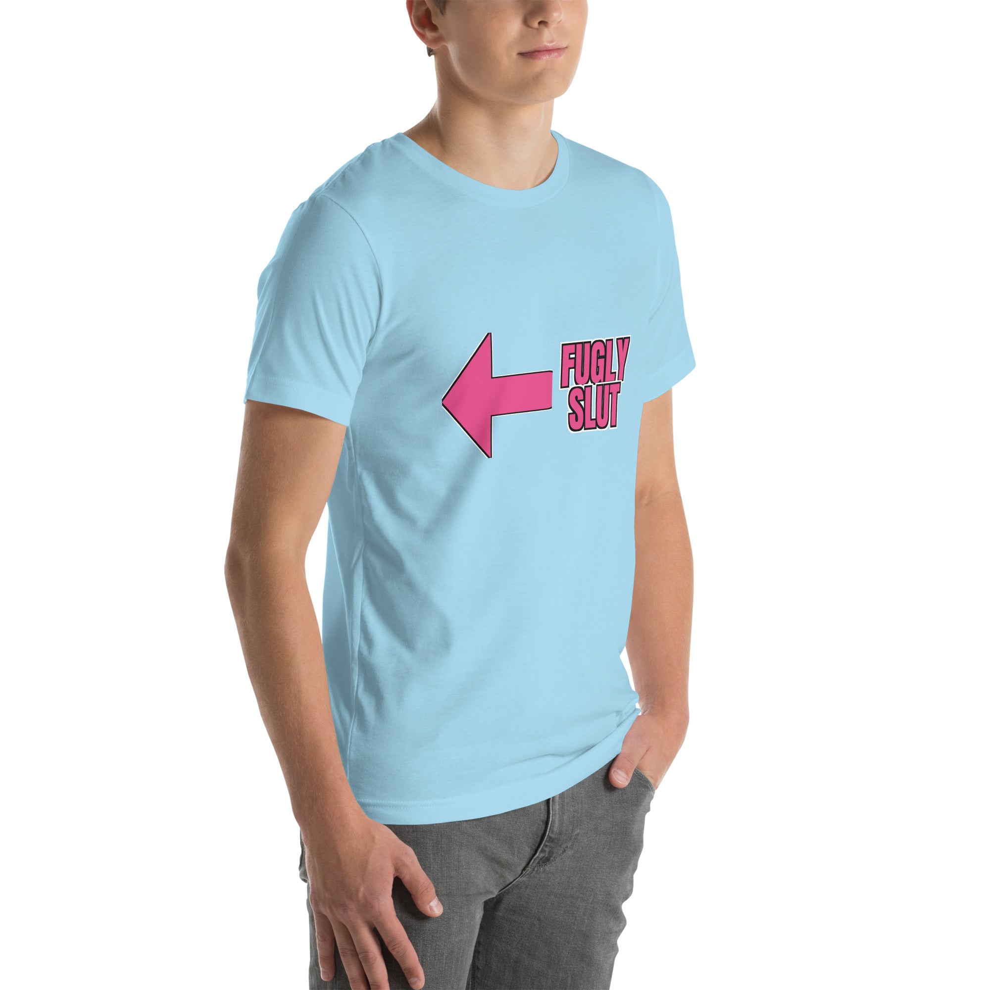 sassy pride t-shirt — Fugly Sl*t Arrow Left print, ocean blue t-shirt right 3/4 view