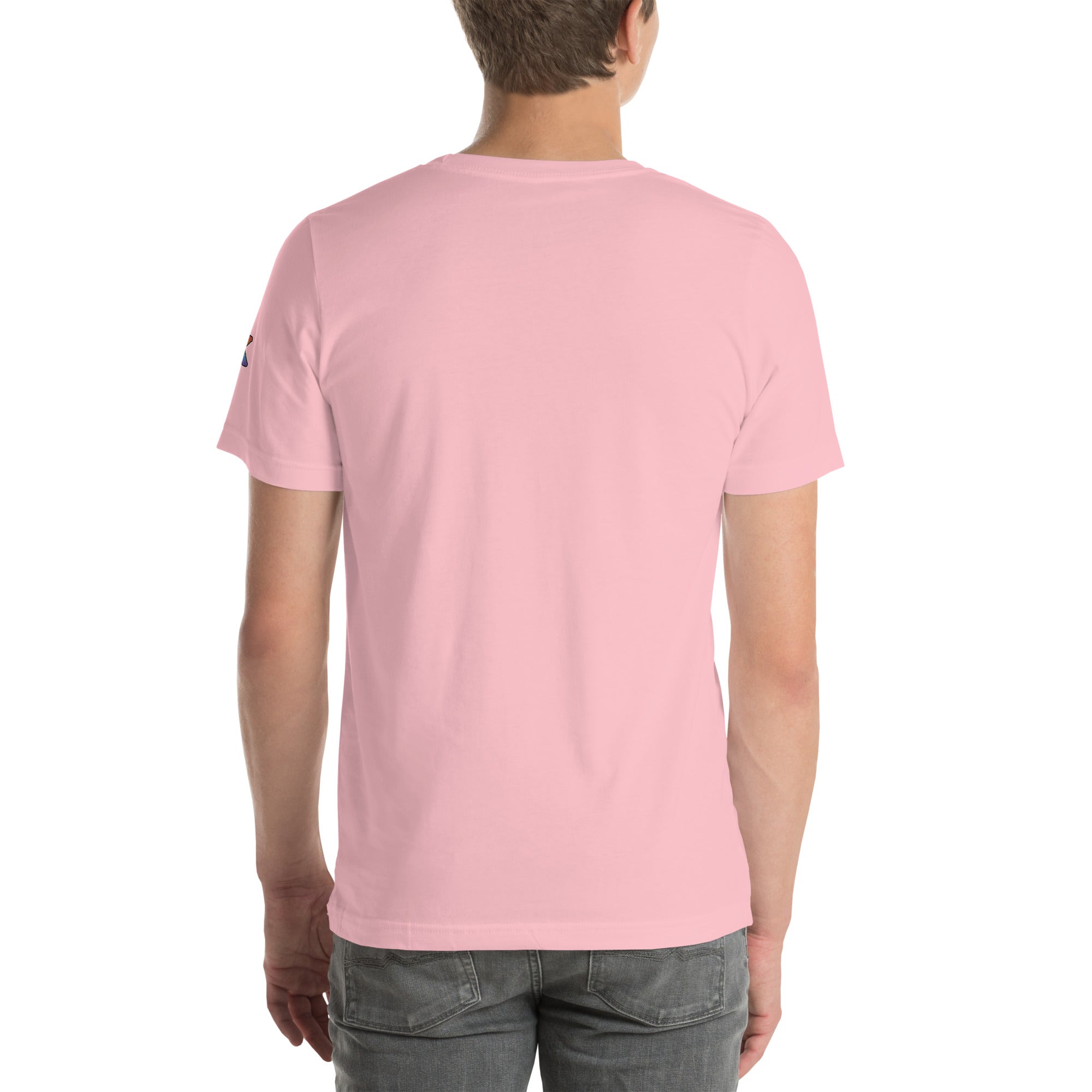lesbian pride t-shirt — Butch, Please! print, pink t-shirt back view