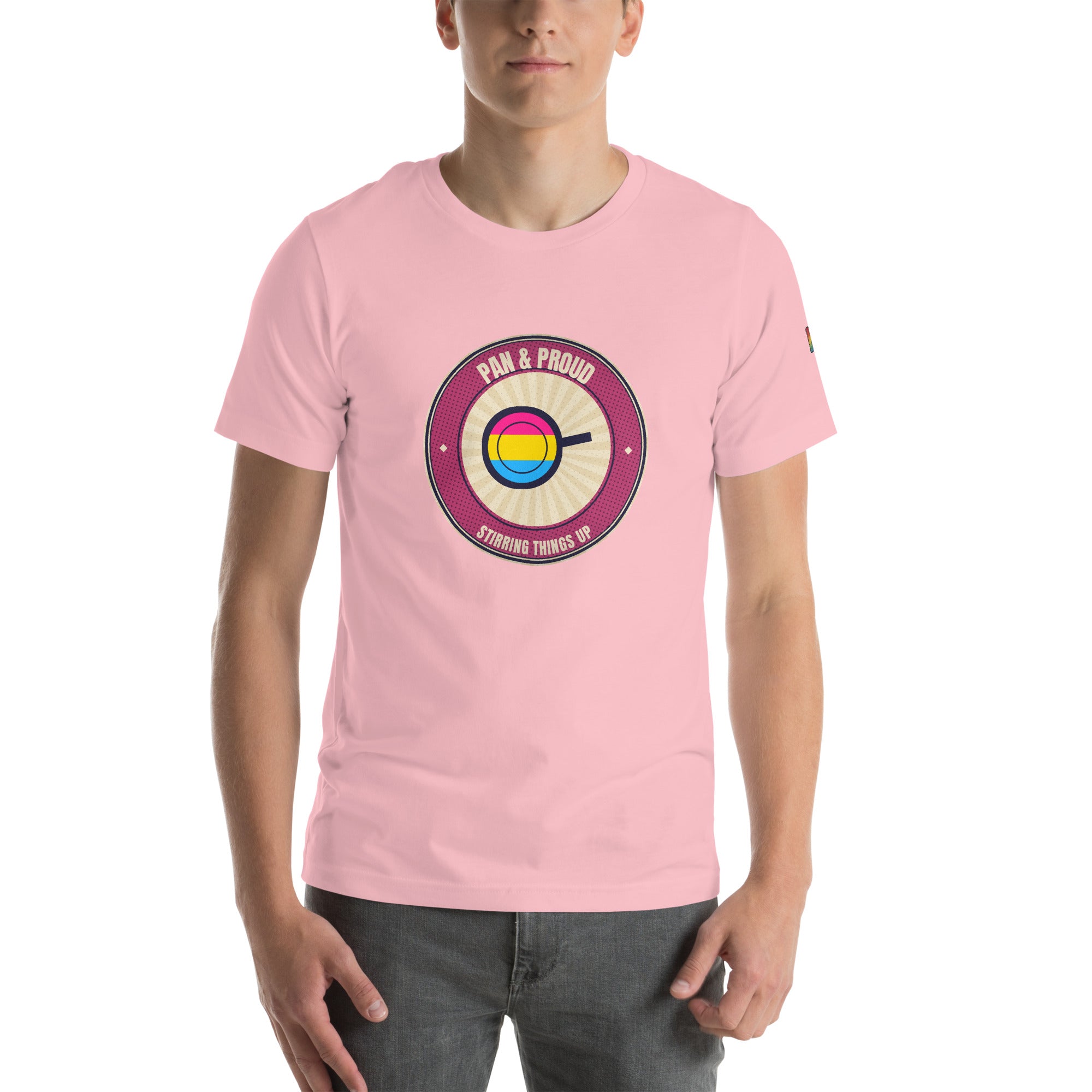 Pan & Proud pansexual badge t-shirt — alternate view