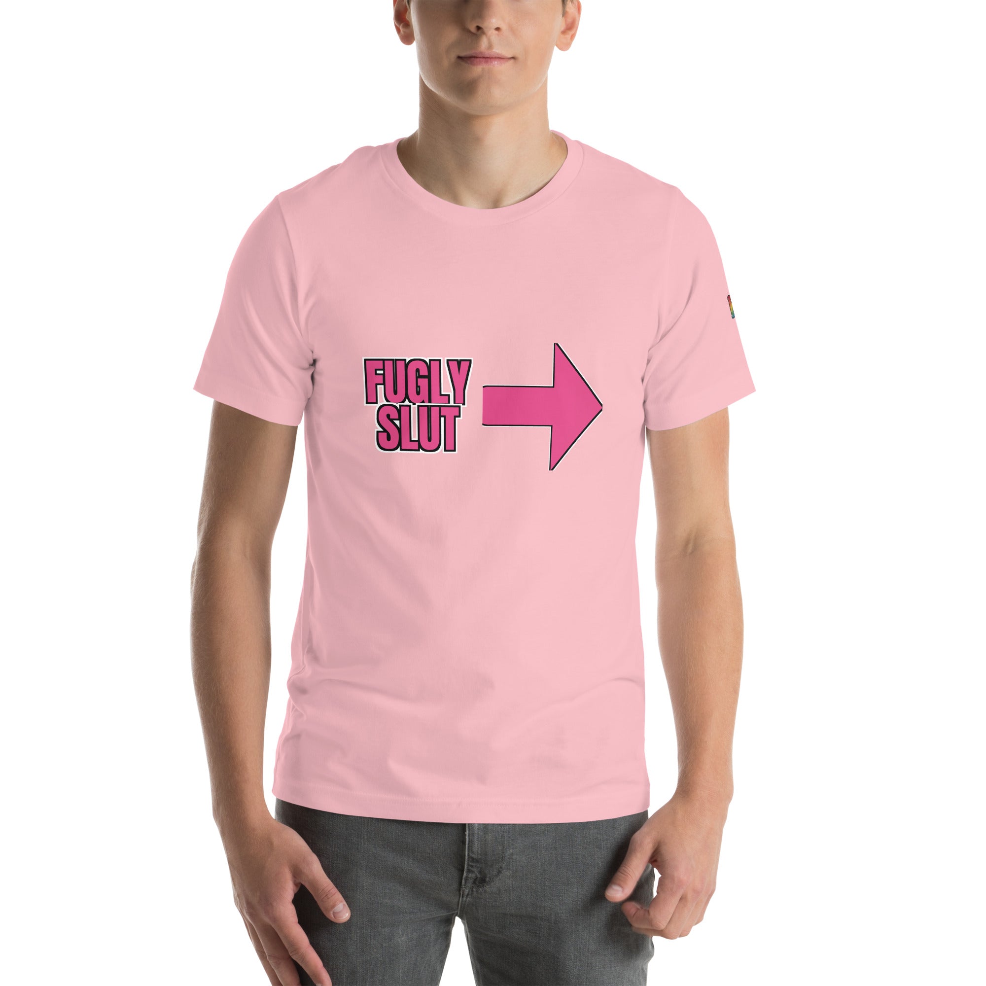 sassy pride t-shirt — Fugly Sl*t Arrow Right print, pink t-shirt