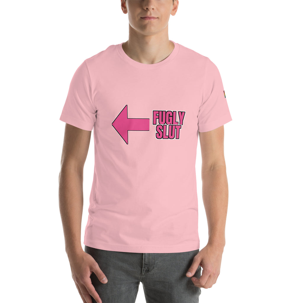 sassy pride t-shirt — Fugly Sl*t Arrow Left print, pink t-shirt