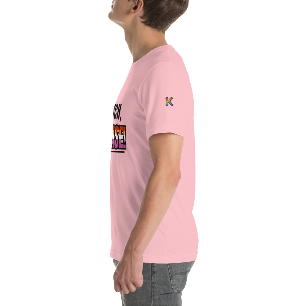 rainbow KWEEN K logo on left sleeve of pink t-shirt — Butch, Please!, side view