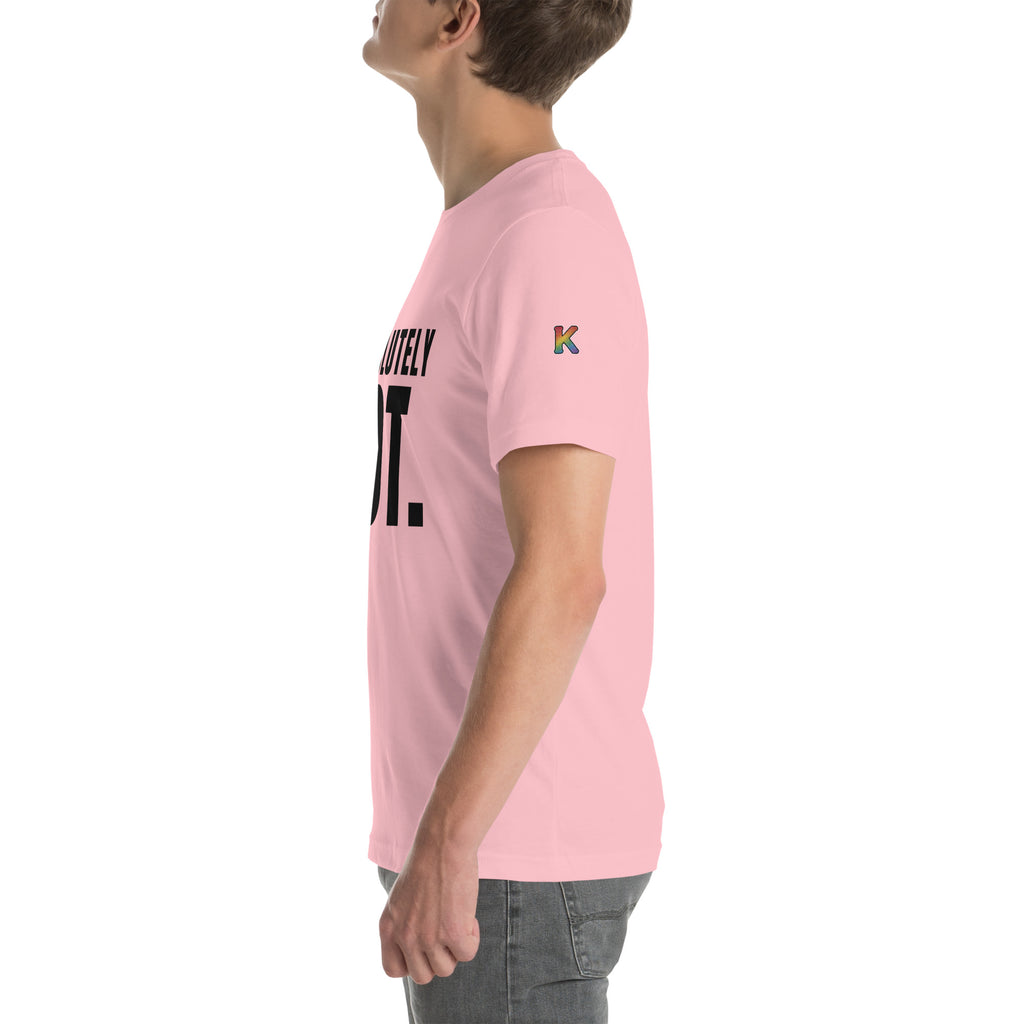 rainbow KWEEN K logo on left sleeve of pink t-shirt — Absolutely Not., side view