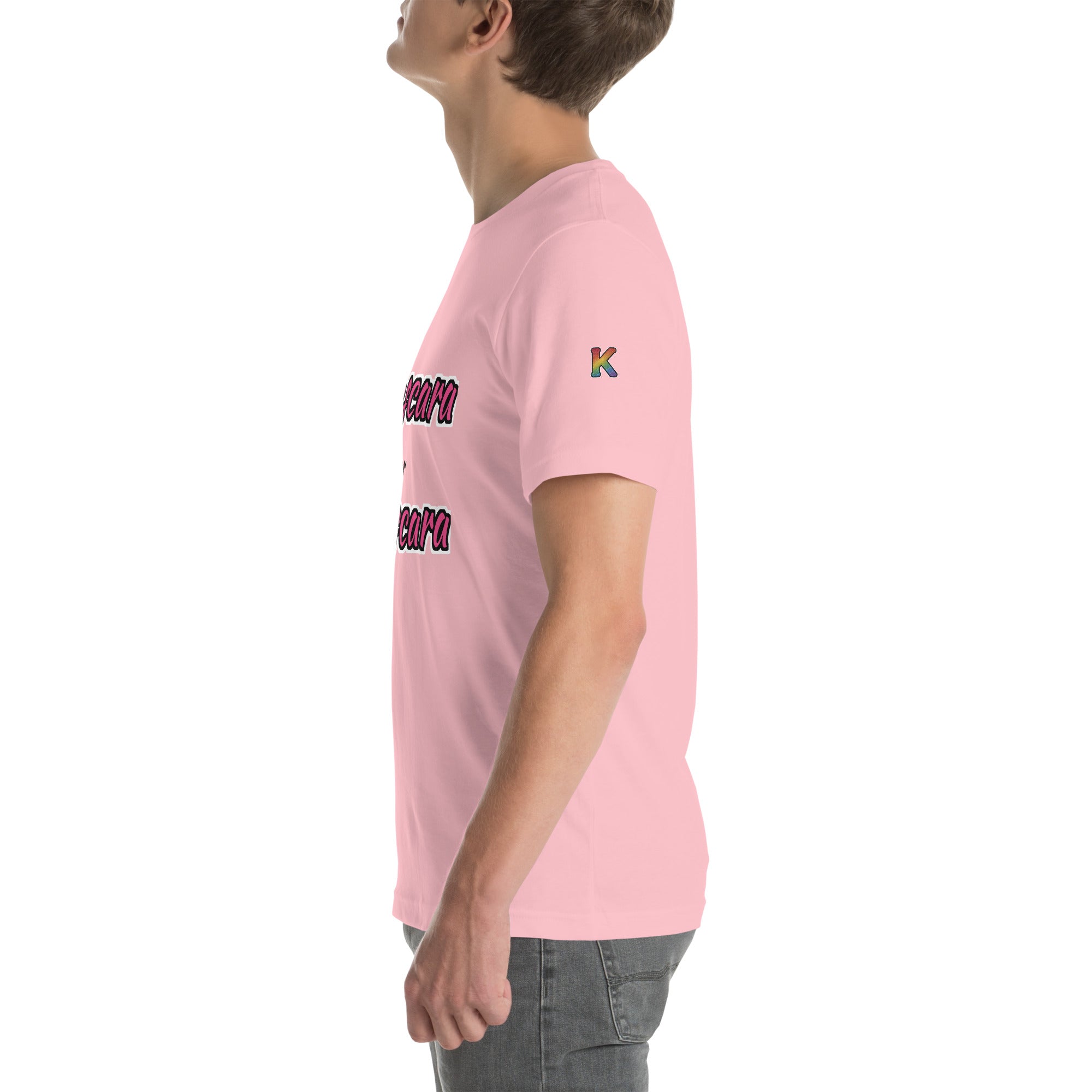 rainbow KWEEN K logo on left sleeve of pink t-shirt — Mascara for Mascara, side view