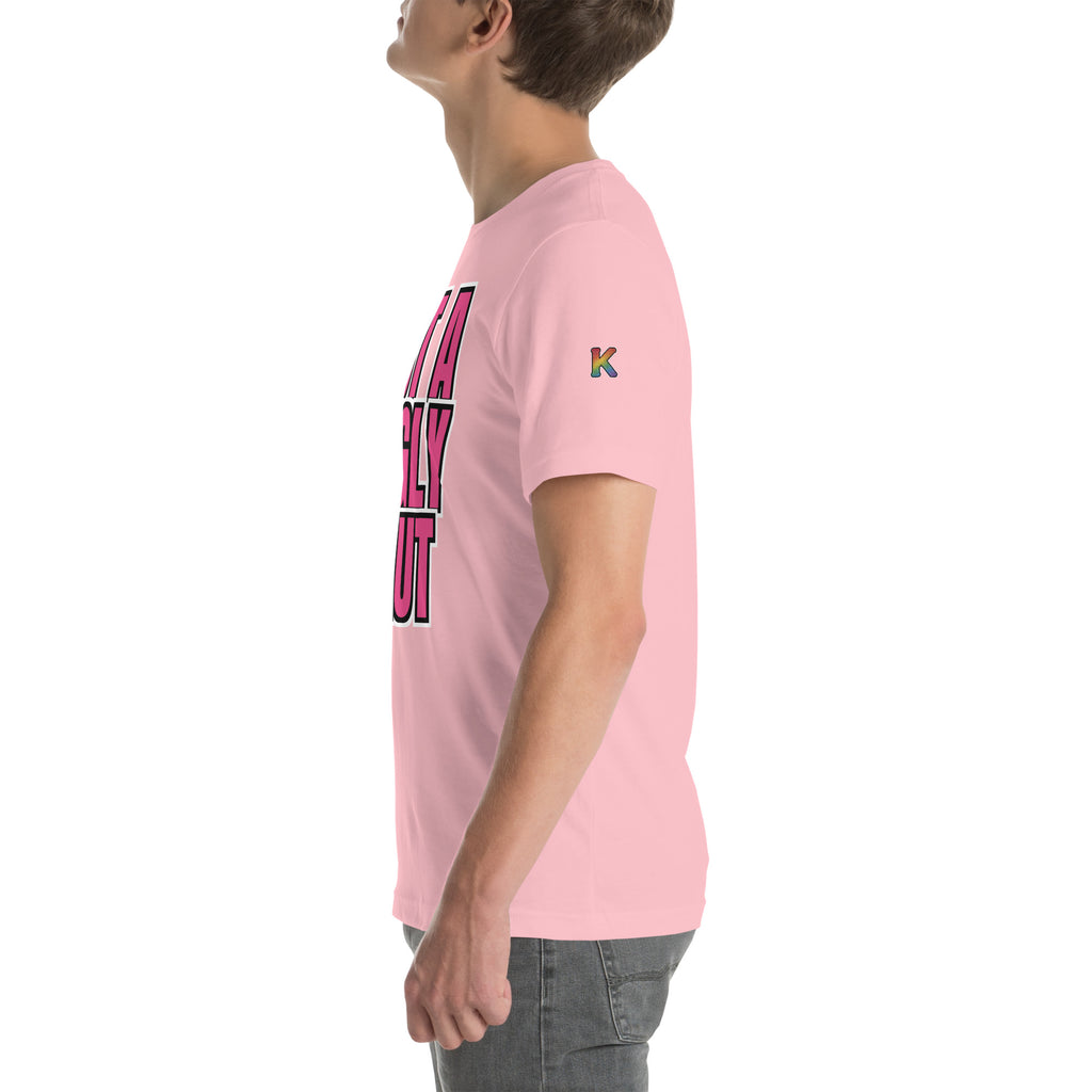 rainbow KWEEN K logo on left sleeve of pink t-shirt — Not a Fugly Sl*t, side view