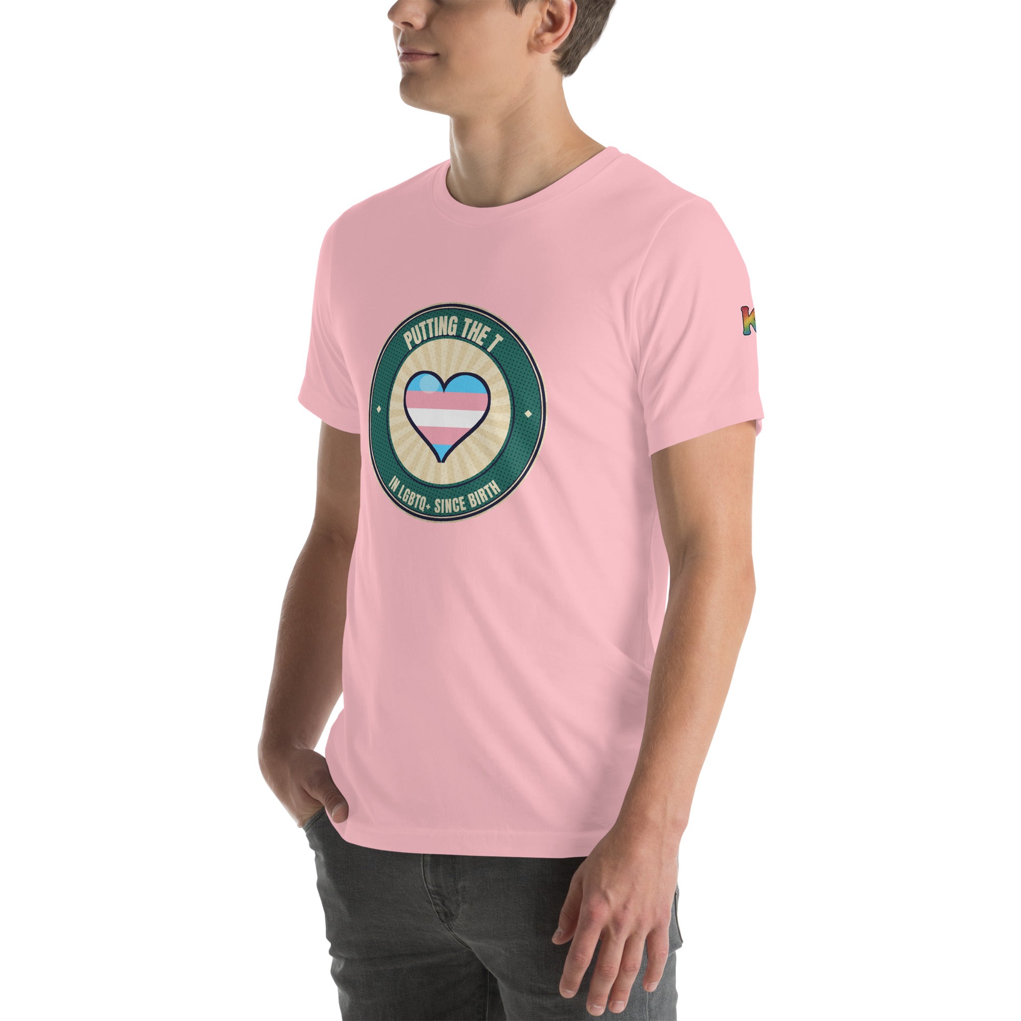 Putting the T badge t-shirt — trans pride heart tee by KWEEN!