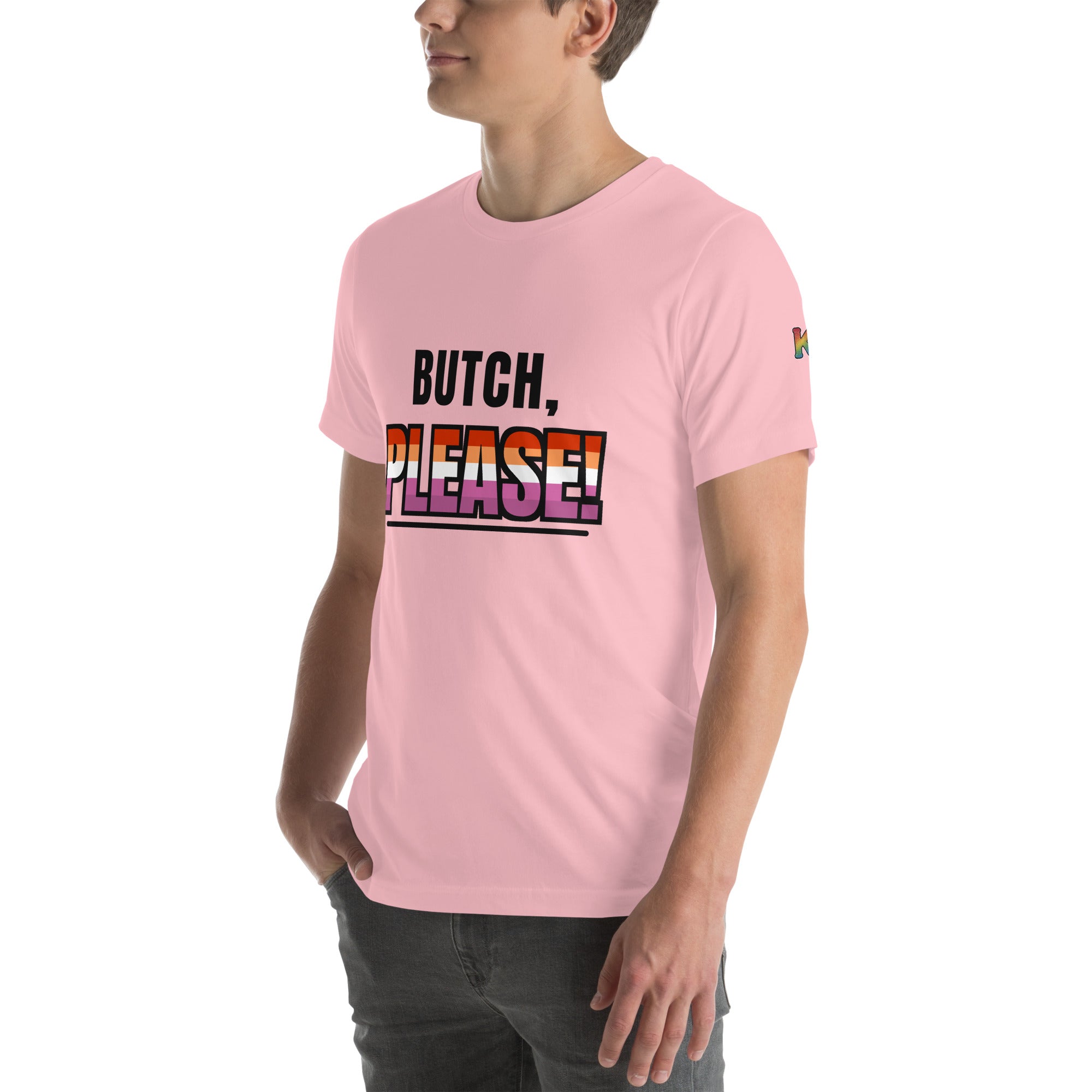 rainbow KWEEN K logo on left sleeve of pink t-shirt — Butch, Please!, 3/4 front view