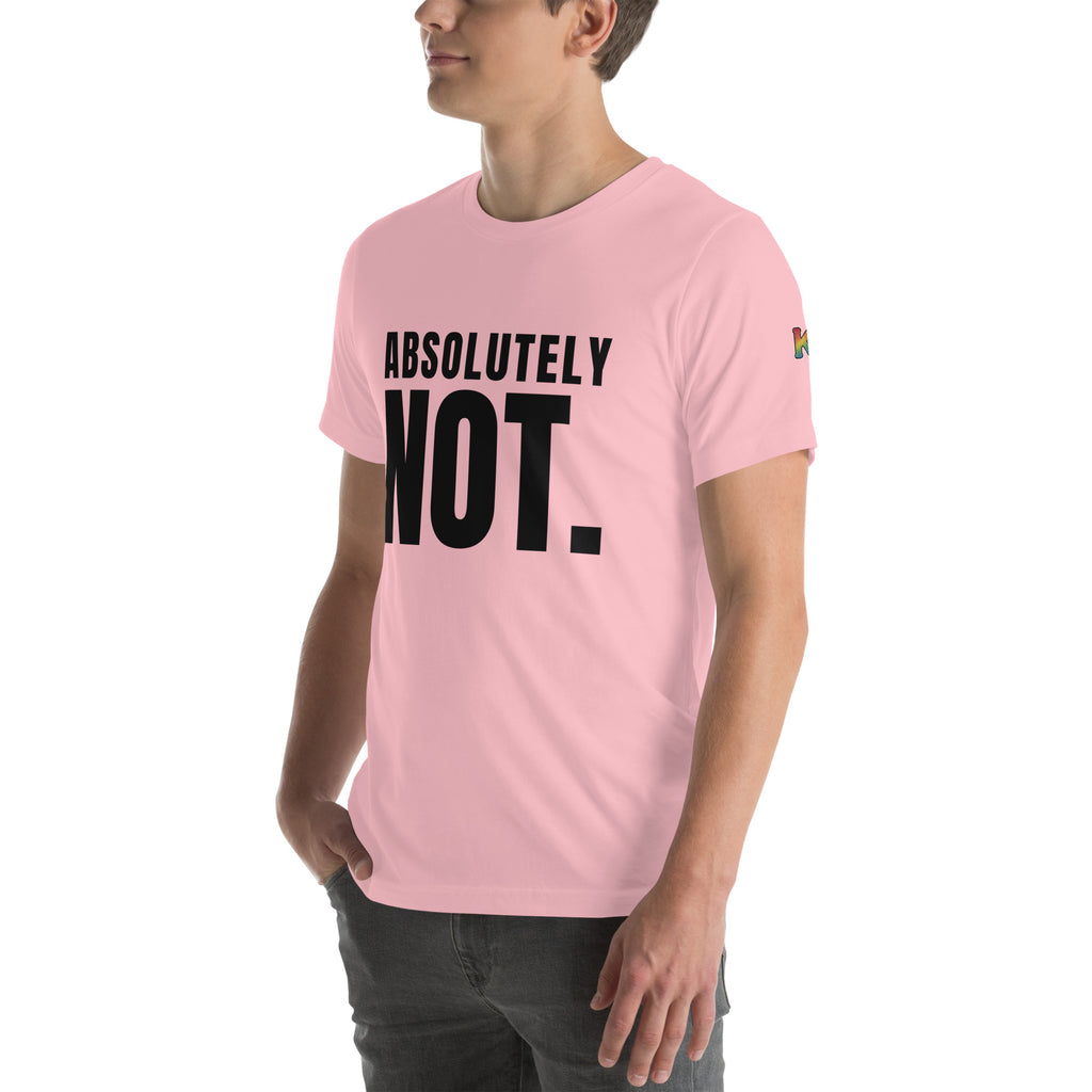 rainbow KWEEN K logo on left sleeve of pink t-shirt — Absolutely Not., 3/4 front view