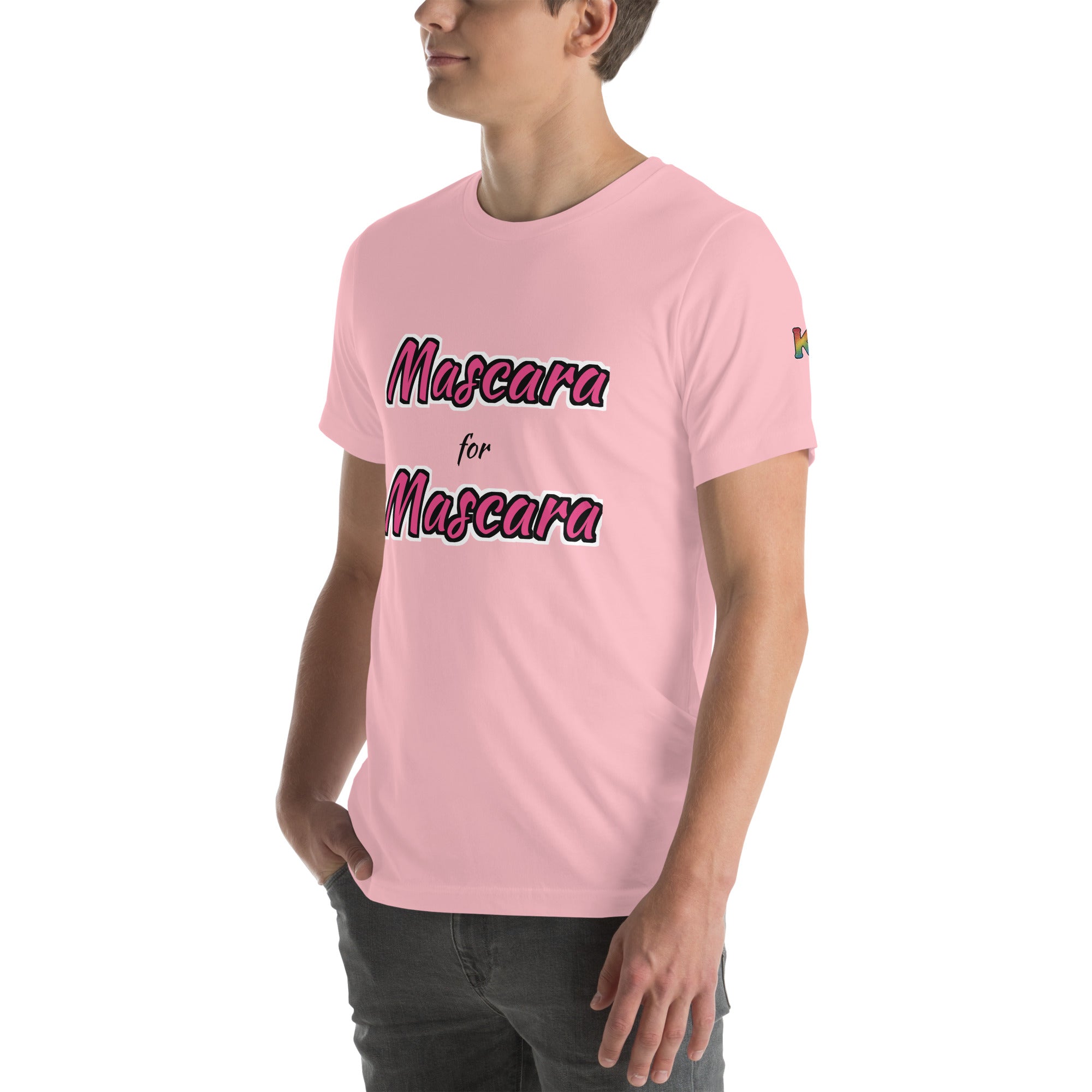 rainbow KWEEN K logo on left sleeve of pink t-shirt — Mascara for Mascara, 3/4 front view