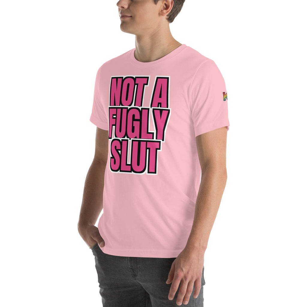 rainbow KWEEN K logo on left sleeve of pink t-shirt — Not a Fugly Sl*t, 3/4 front view