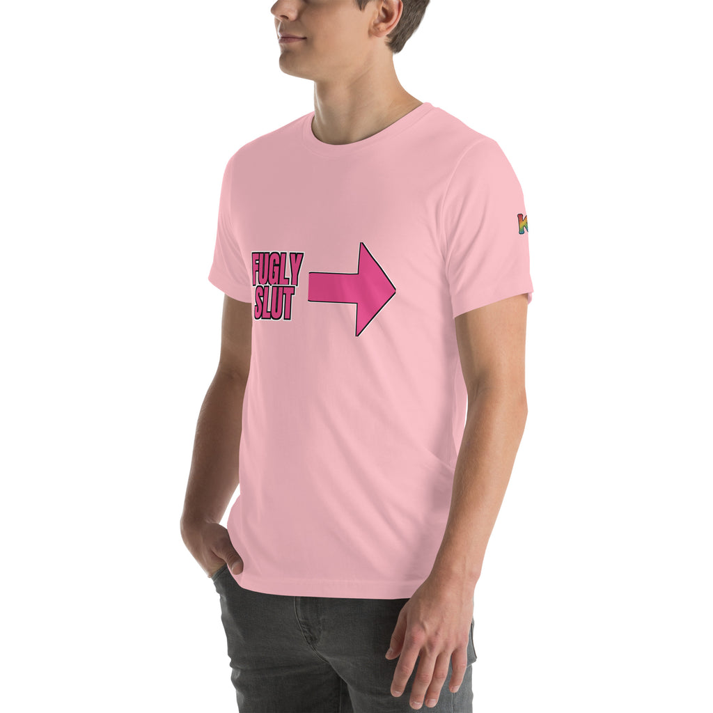 rainbow KWEEN K logo on left sleeve of pink t-shirt — Fugly Sl*t Arrow Right, 3/4 front view