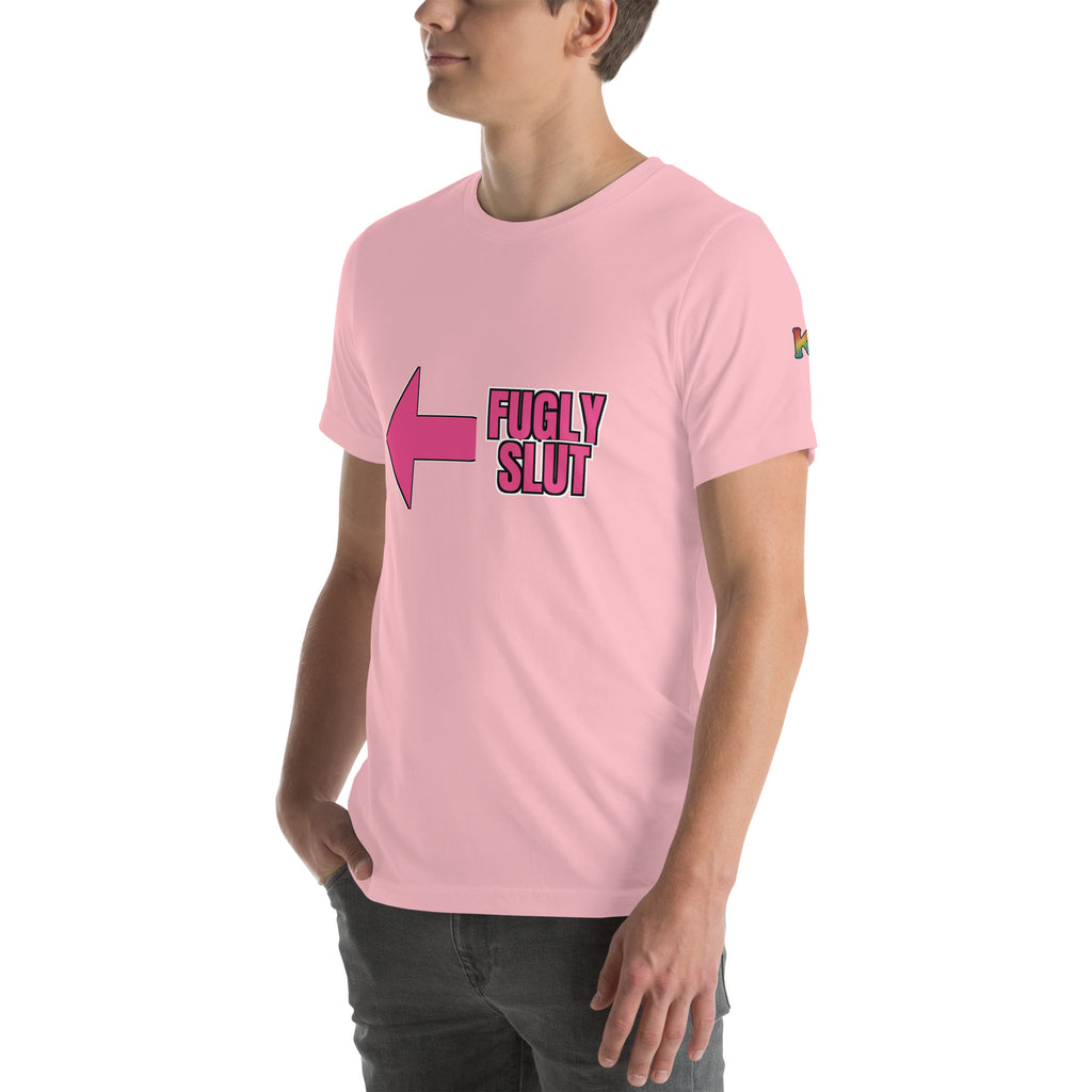 rainbow KWEEN K logo on left sleeve of pink t-shirt — Fugly Sl*t Arrow Left, 3/4 front view