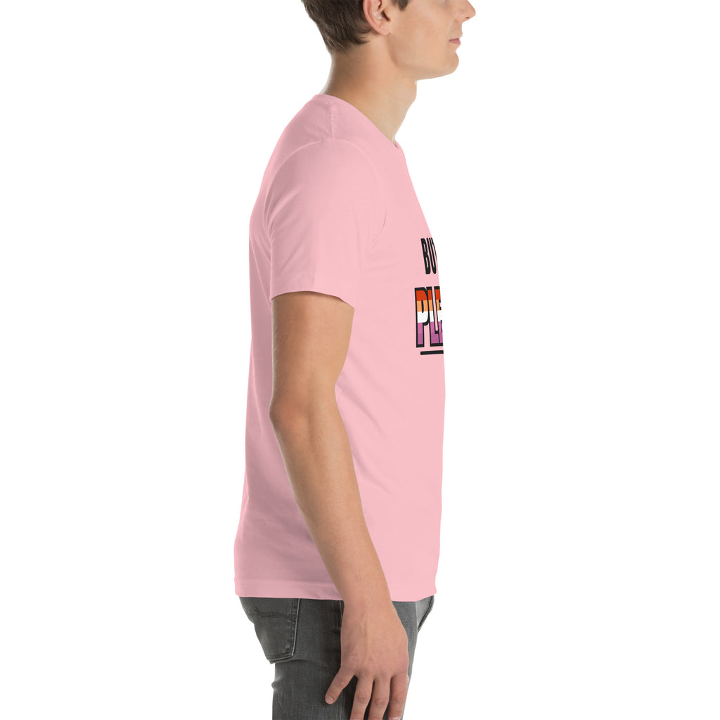 lesbian pride t-shirt — Butch, Please! print, pink t-shirt right side view