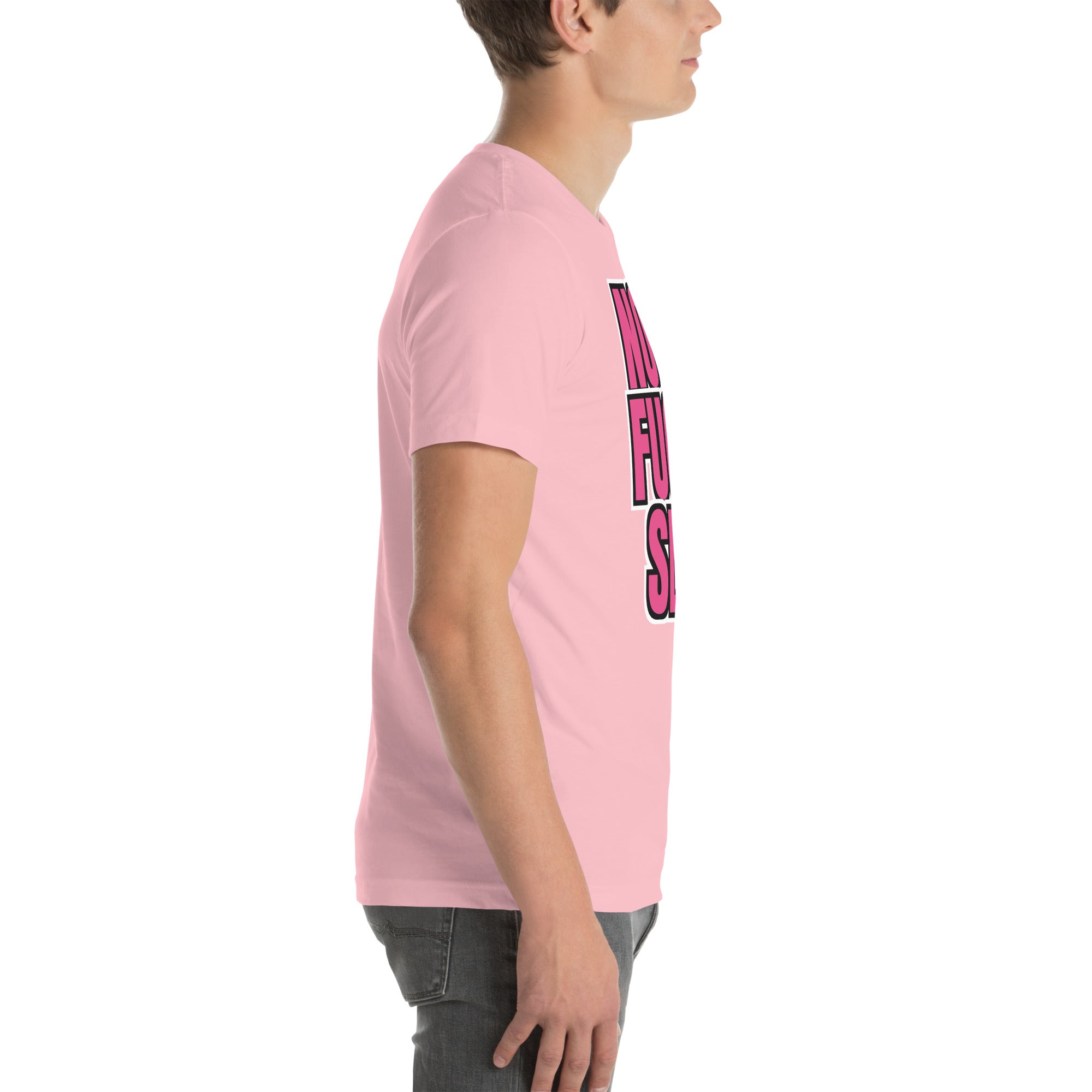 sassy pride t-shirt — Not a Fugly Sl*t print, pink t-shirt right side view