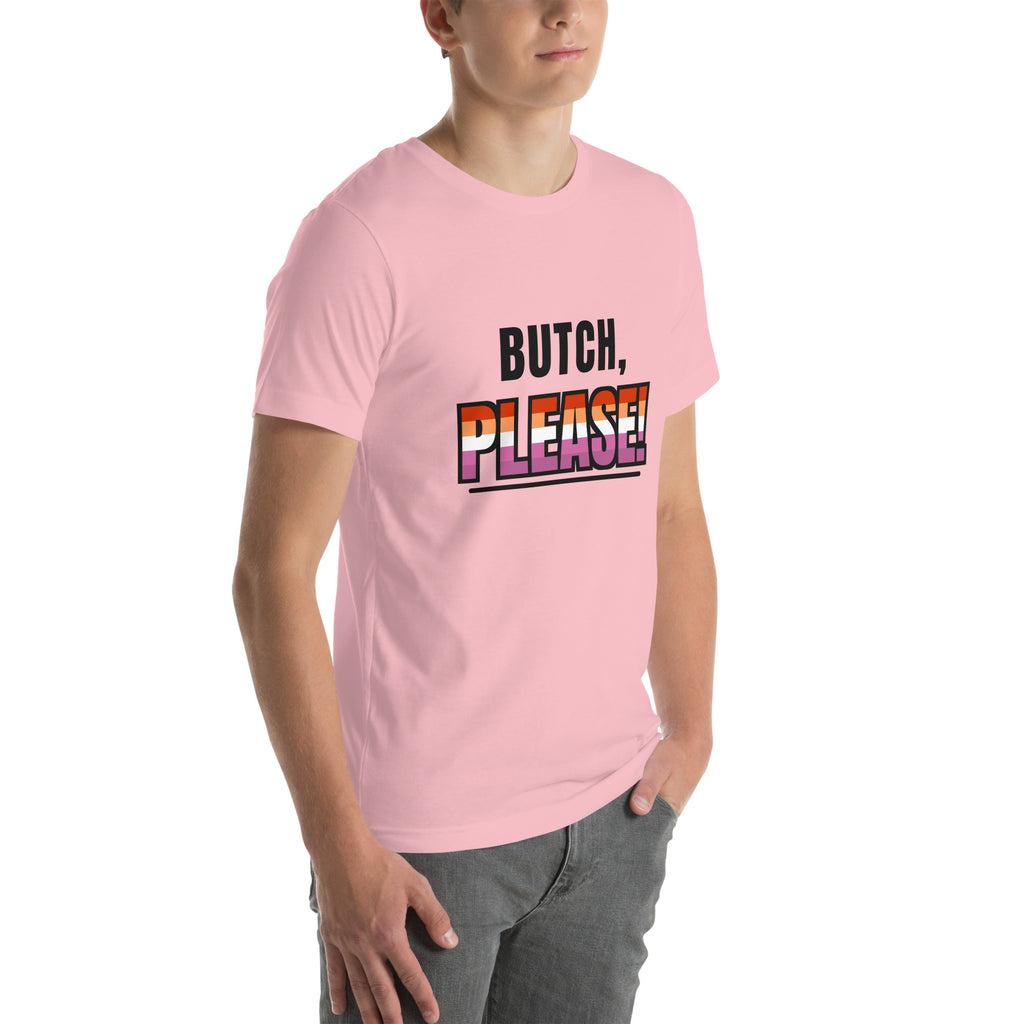 lesbian pride t-shirt — Butch, Please! print, pink t-shirt right 3/4 view