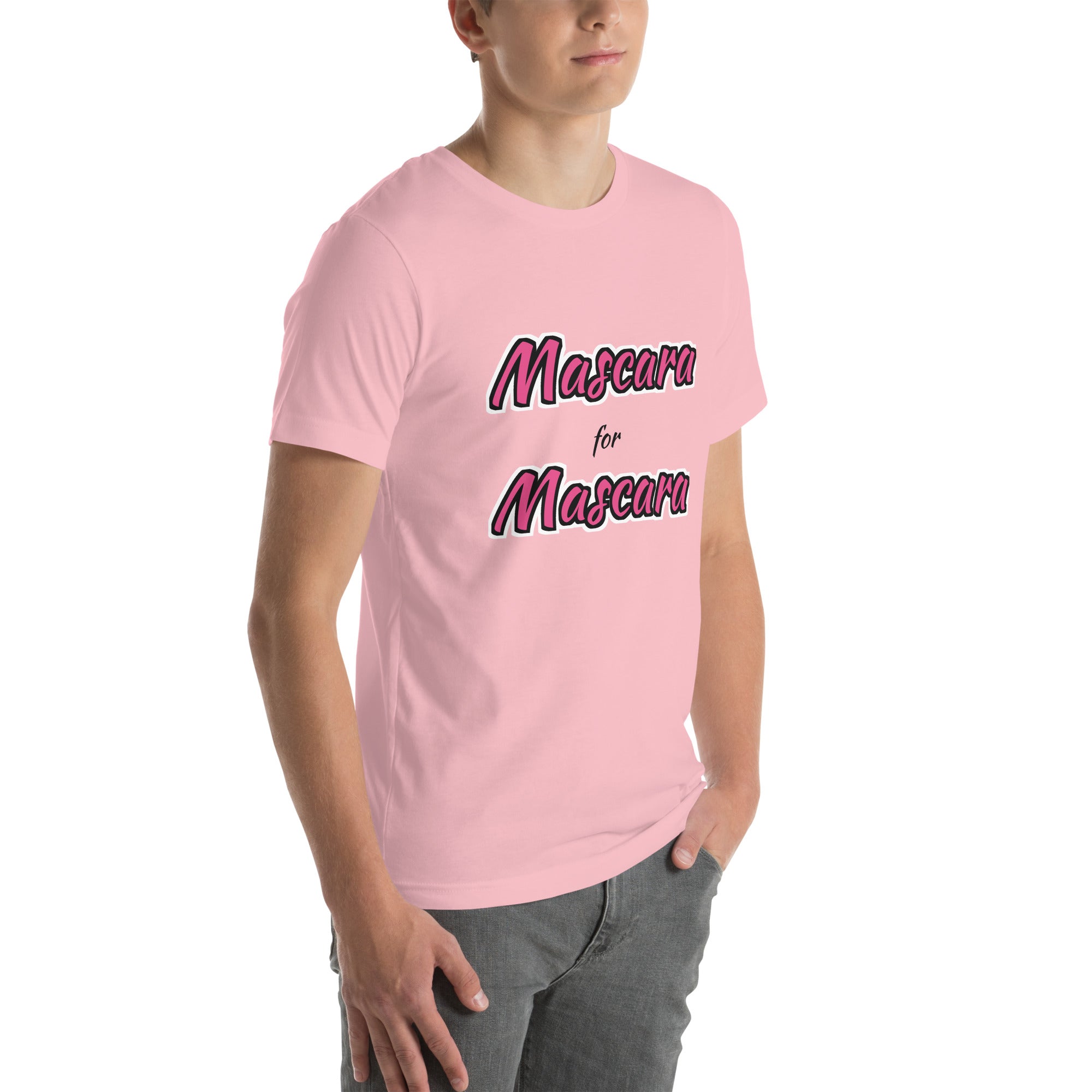drag pride t-shirt — Mascara for Mascara print, pink t-shirt right 3/4 view