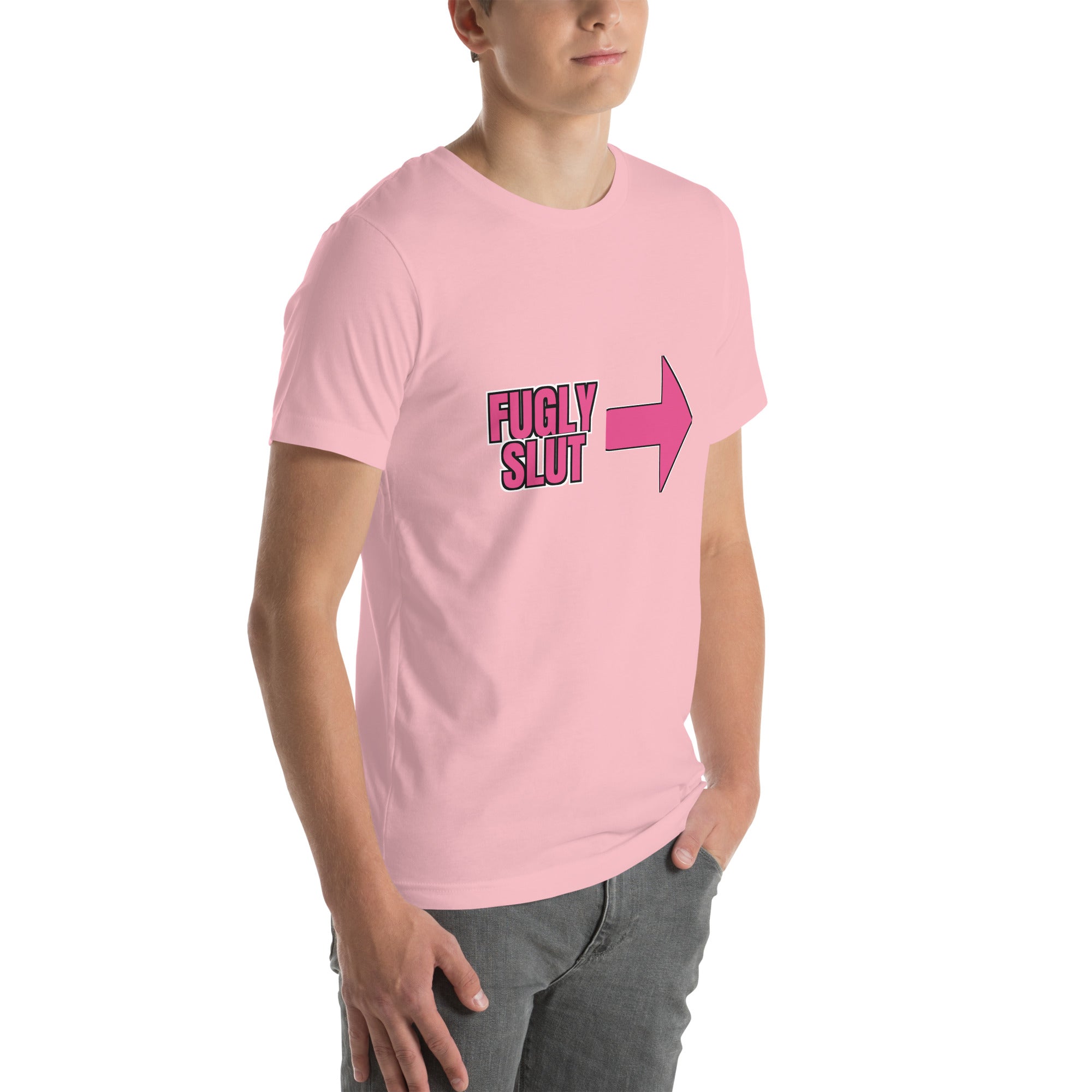 sassy pride t-shirt — Fugly Sl*t Arrow Right print, pink t-shirt right 3/4 view
