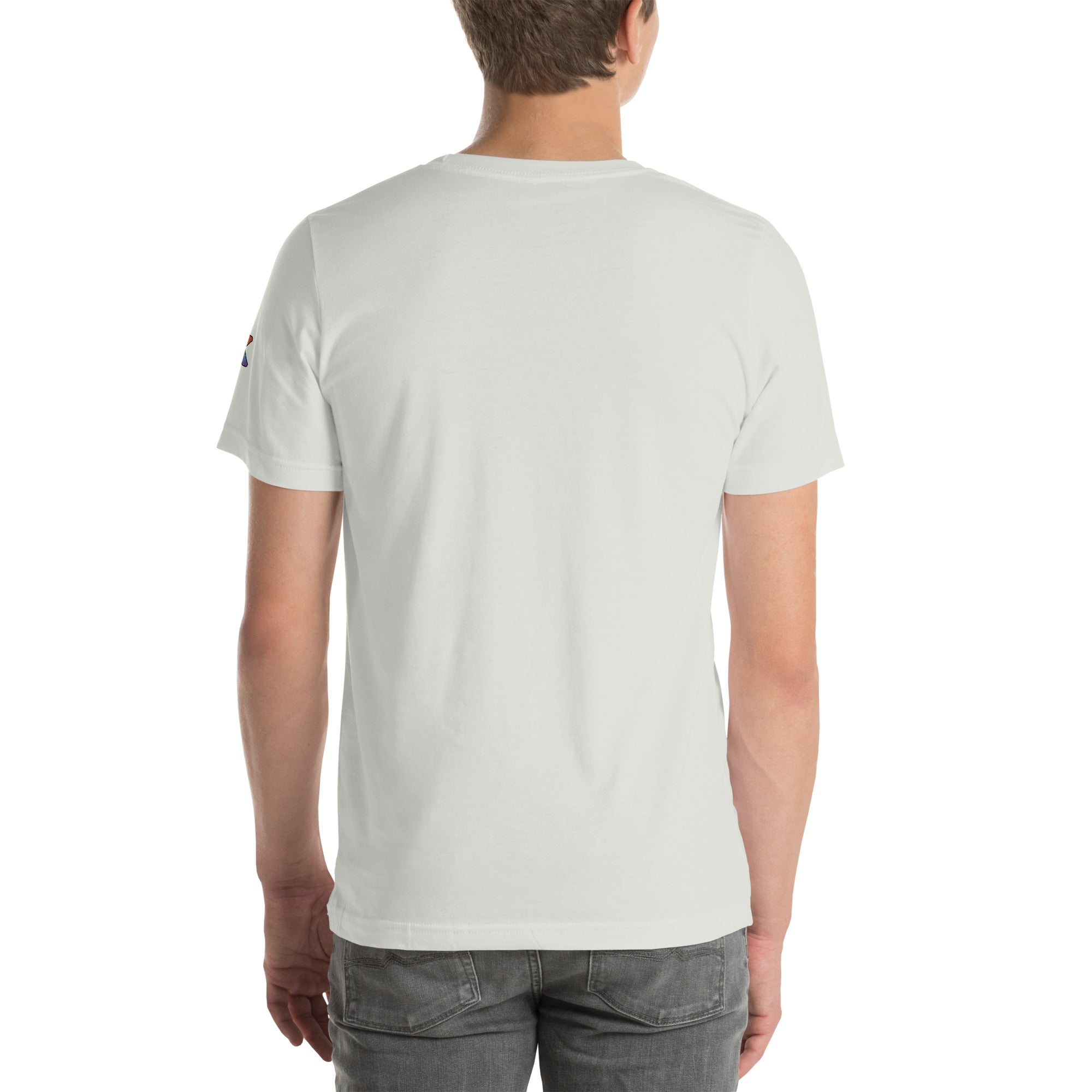 lesbian pride t-shirt — Butch, Please! print, ash grey t-shirt back view