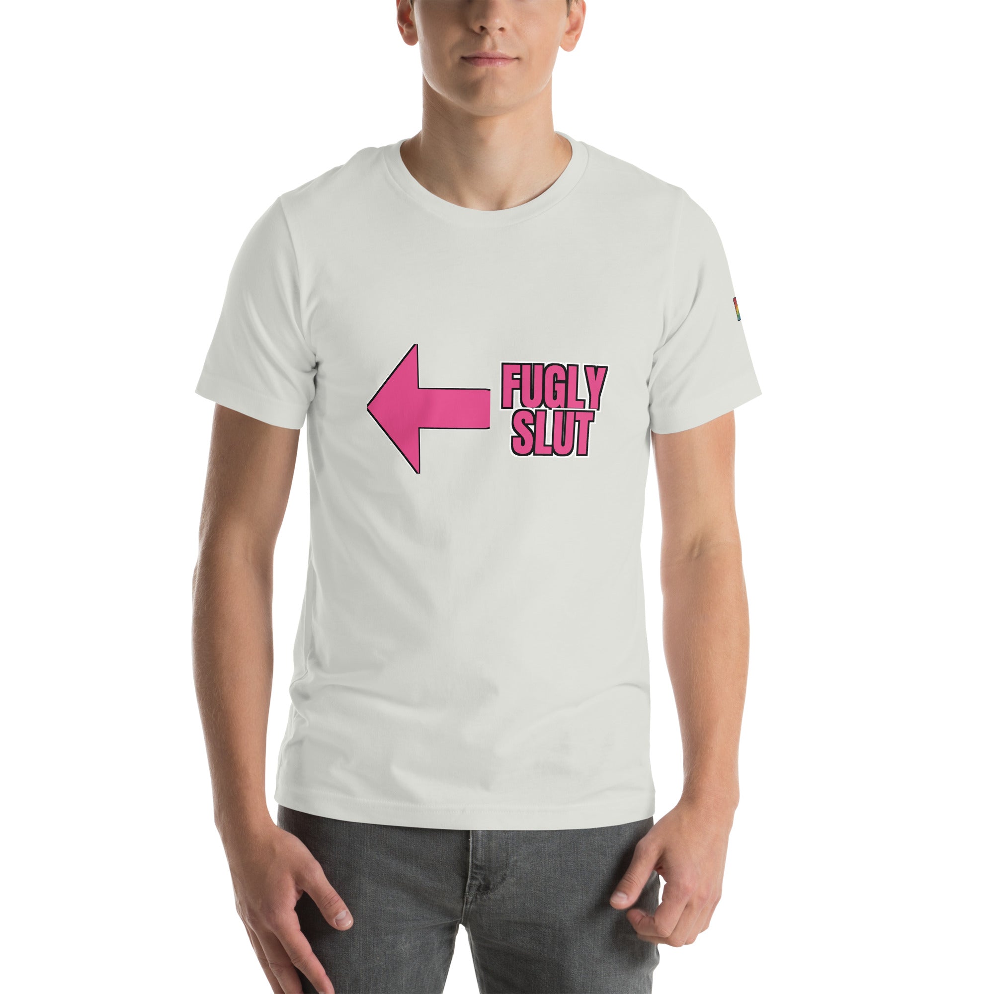 sassy pride t-shirt — Fugly Sl*t Arrow Left print, ash grey t-shirt