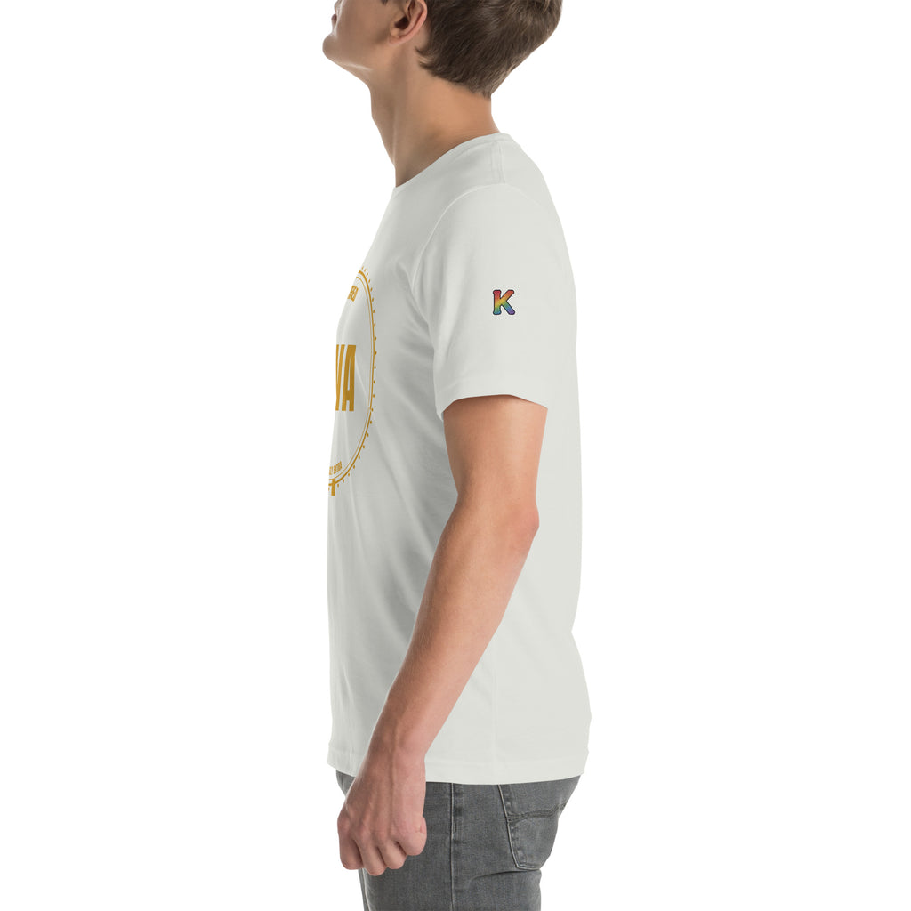 rainbow KWEEN K logo on left sleeve of ash grey t-shirt — Certified Diva, side view