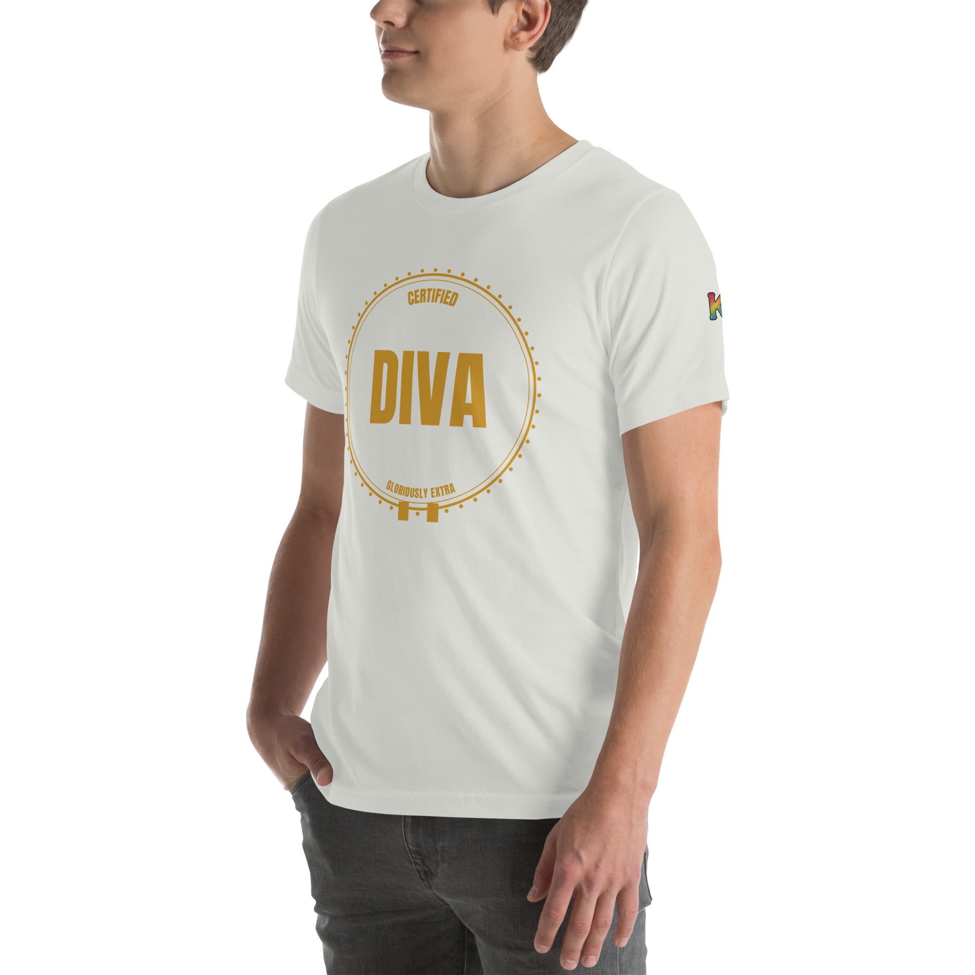 rainbow KWEEN K logo on left sleeve of ash grey t-shirt — Certified Diva, 3/4 front view