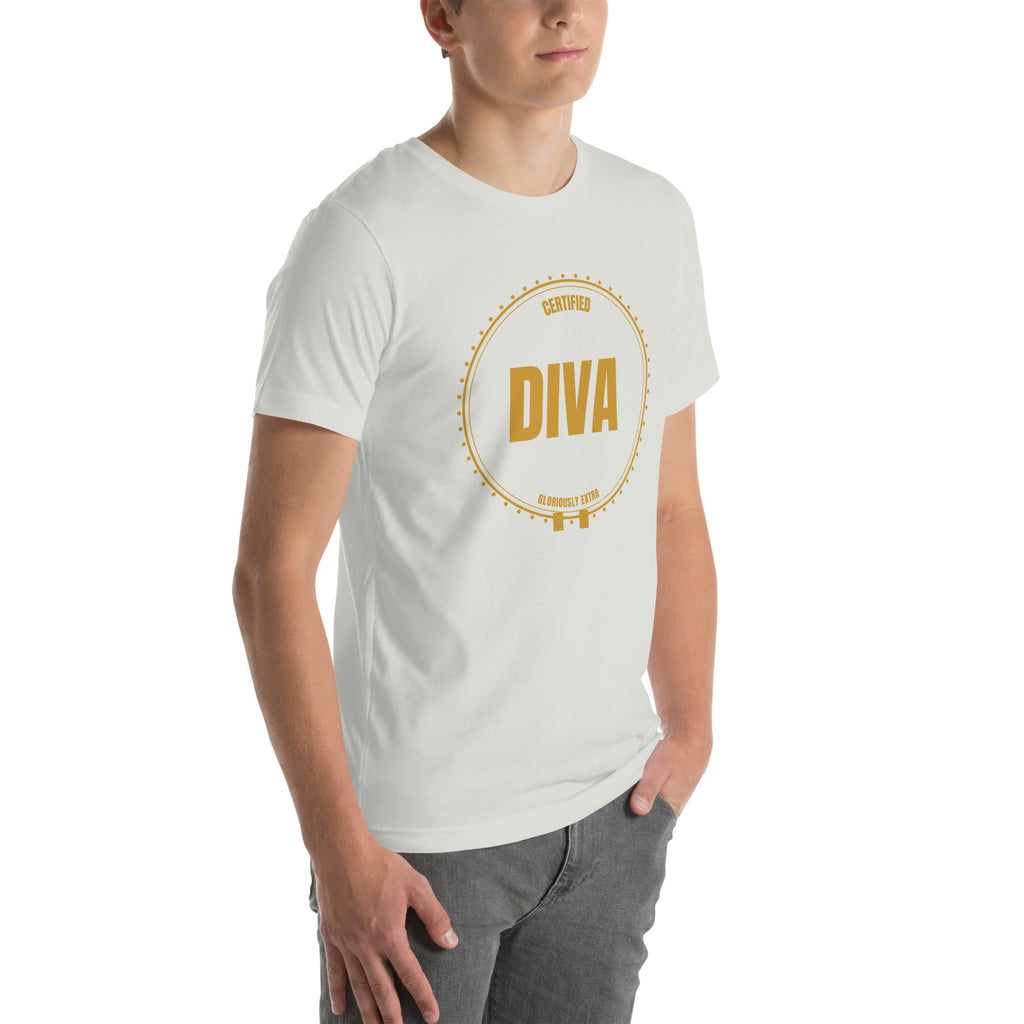 drag pride t-shirt — Certified Diva print, ash grey t-shirt right 3/4 view