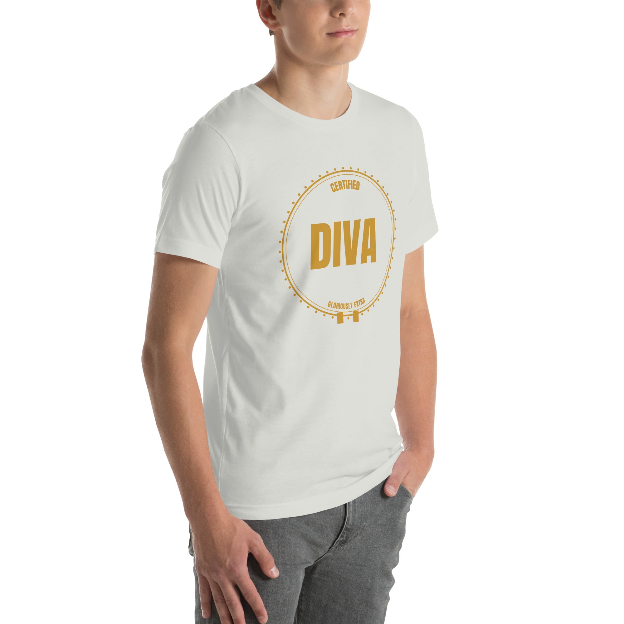 drag pride t-shirt — Certified Diva print, ash grey t-shirt right 3/4 view