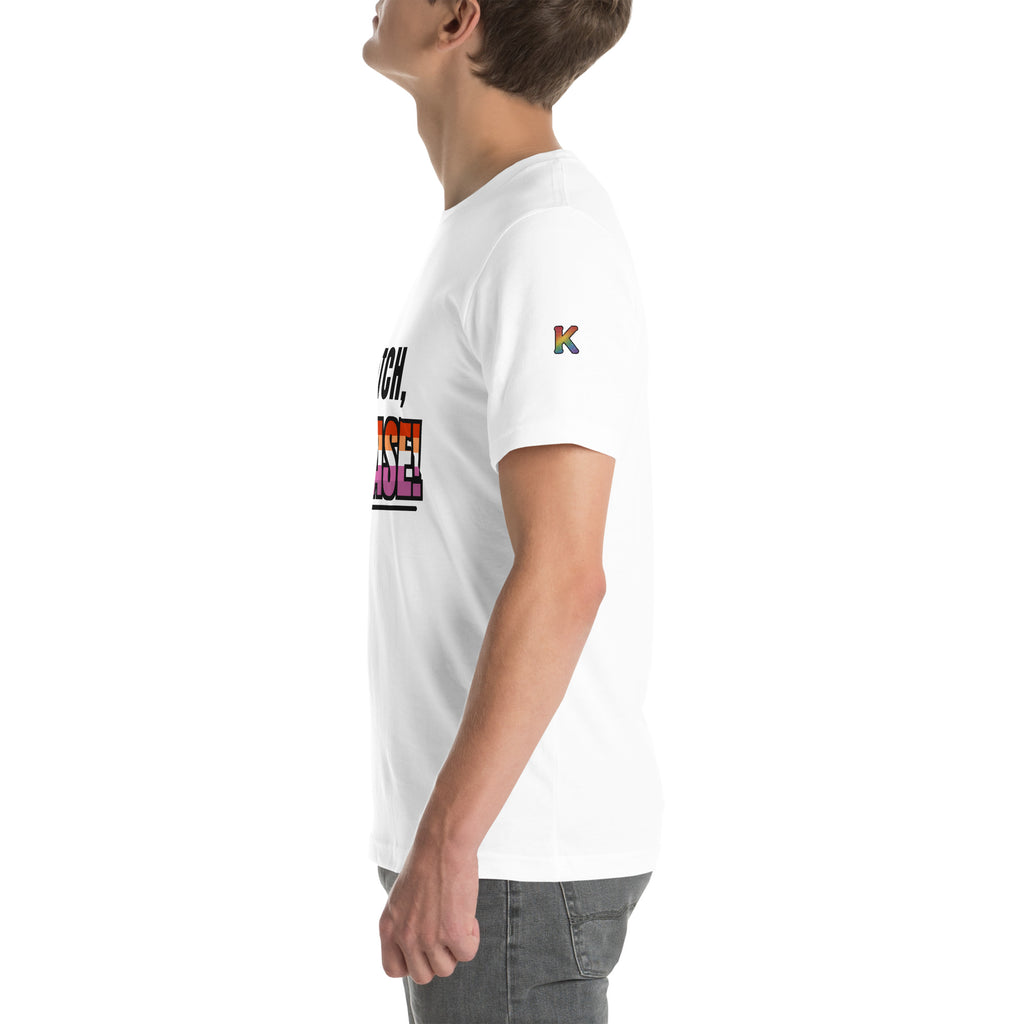 rainbow KWEEN K logo on left sleeve of white t-shirt — Butch, Please!, side view