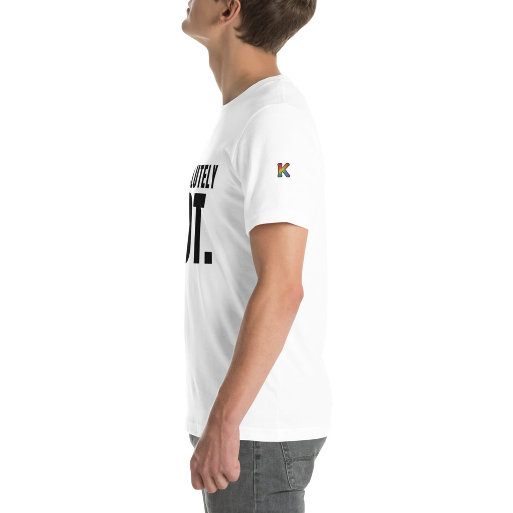 rainbow KWEEN K logo on left sleeve of white t-shirt — Absolutely Not., side view
