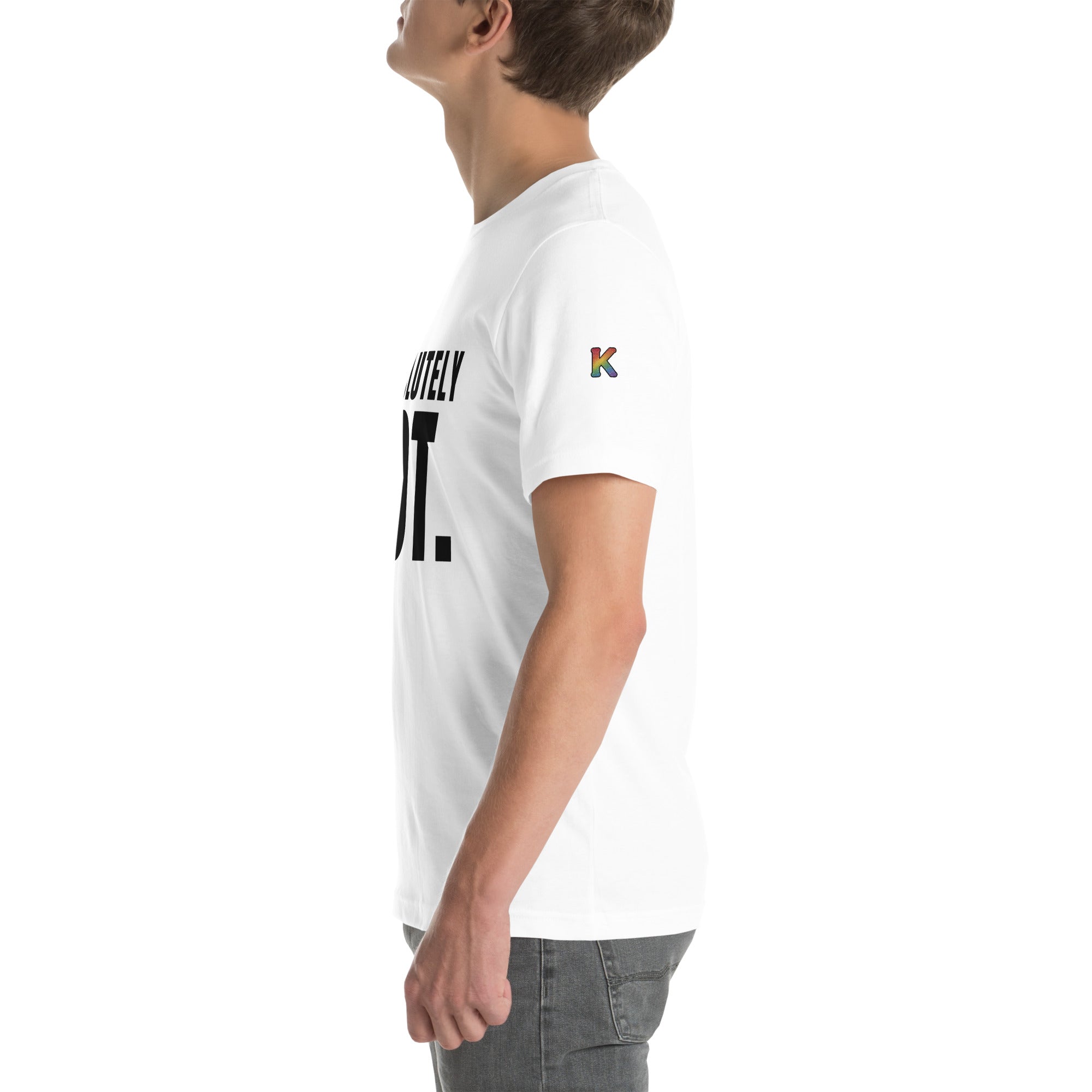 rainbow KWEEN K logo on left sleeve of white t-shirt — Absolutely Not., side view
