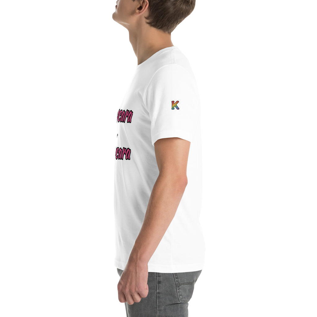 rainbow KWEEN K logo on left sleeve of white t-shirt — Mascara for Mascara, side view
