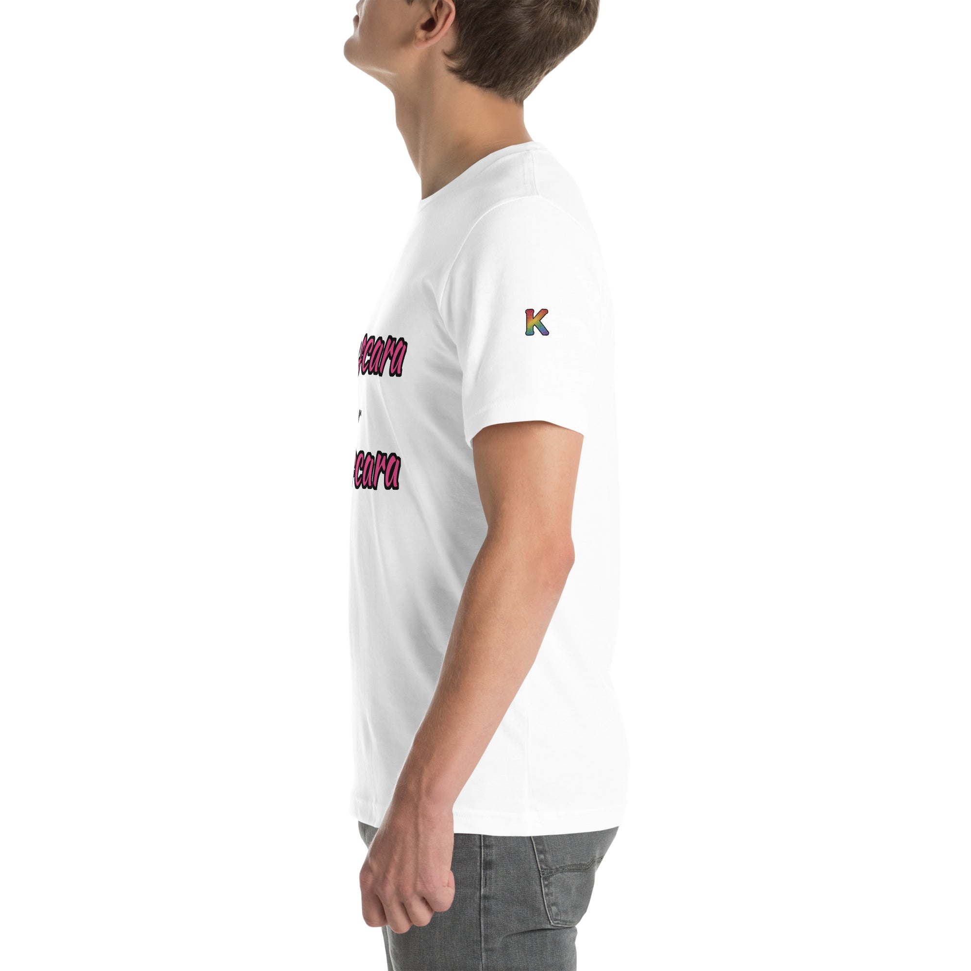 rainbow KWEEN K logo on left sleeve of white t-shirt — Mascara for Mascara, side view