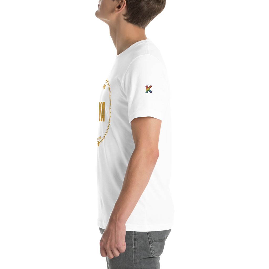 rainbow KWEEN K logo on left sleeve of white t-shirt — Certified Diva, side view