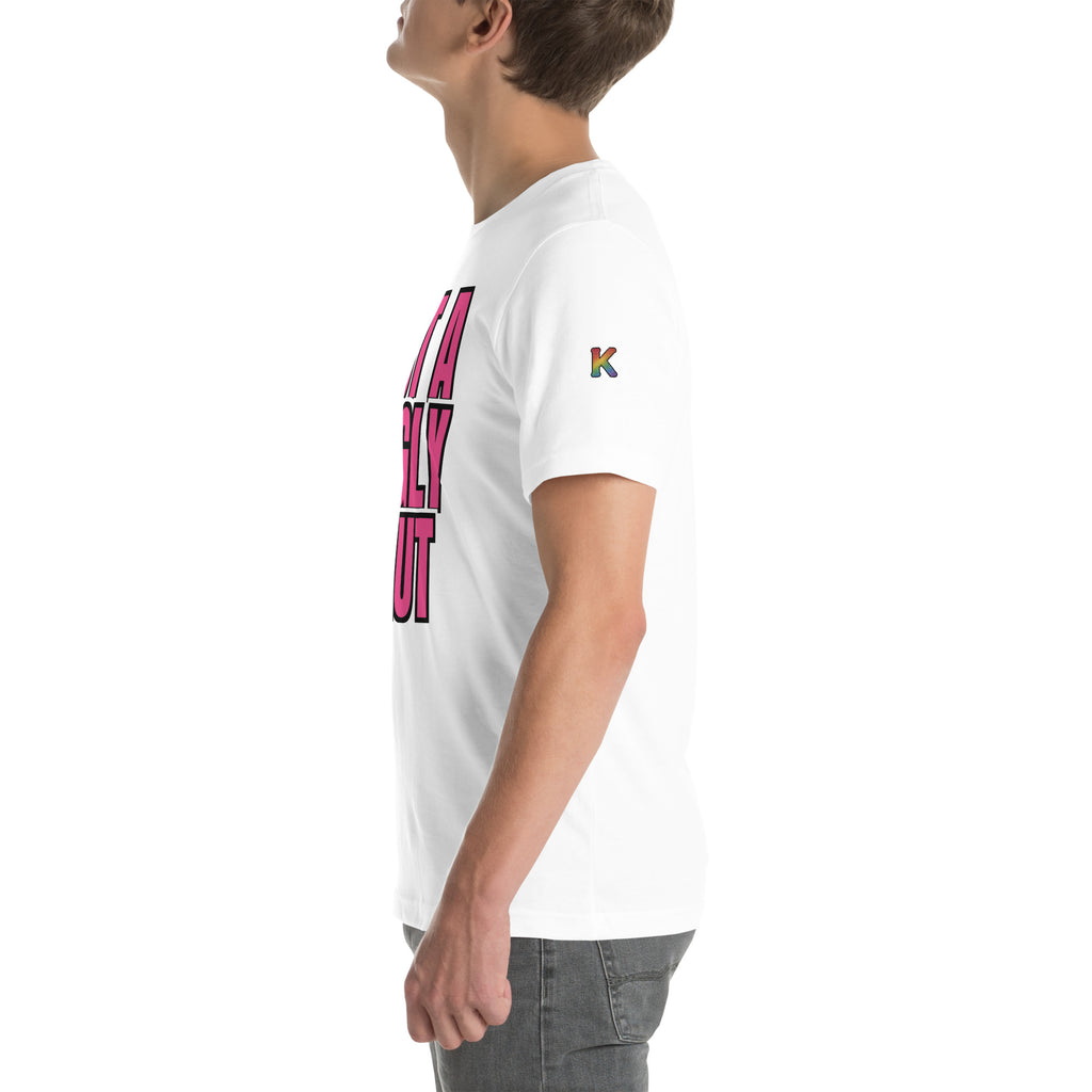 rainbow KWEEN K logo on left sleeve of white t-shirt — Not a Fugly Sl*t, side view