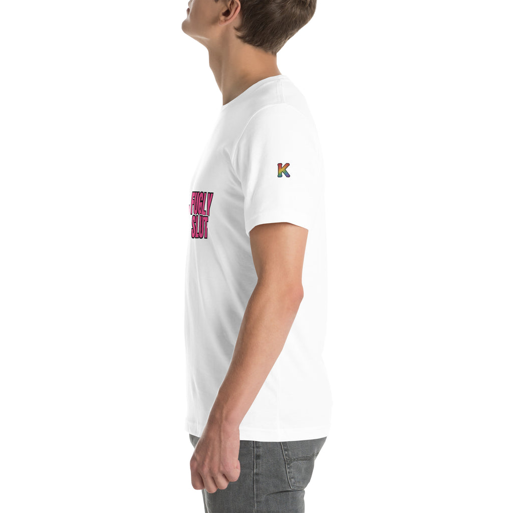 rainbow KWEEN K logo on left sleeve of white t-shirt — Fugly Sl*t Arrow Left, side view
