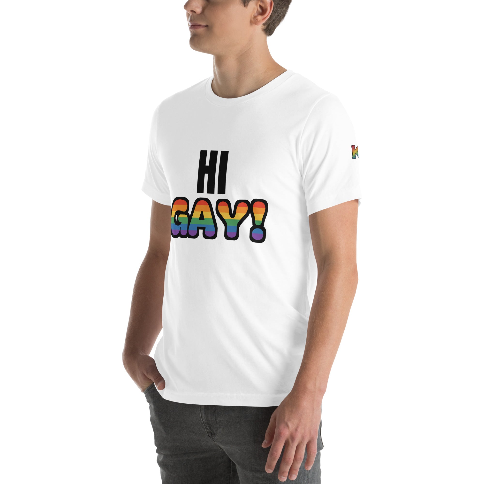 rainbow KWEEN K logo on left sleeve of white t-shirt — Hi Gay!, 3/4 front view
