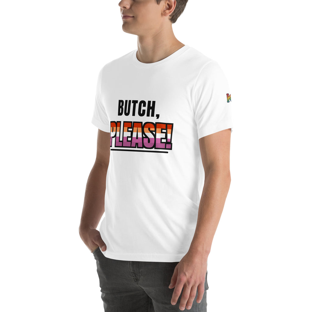 rainbow KWEEN K logo on left sleeve of white t-shirt — Butch, Please!, 3/4 front view