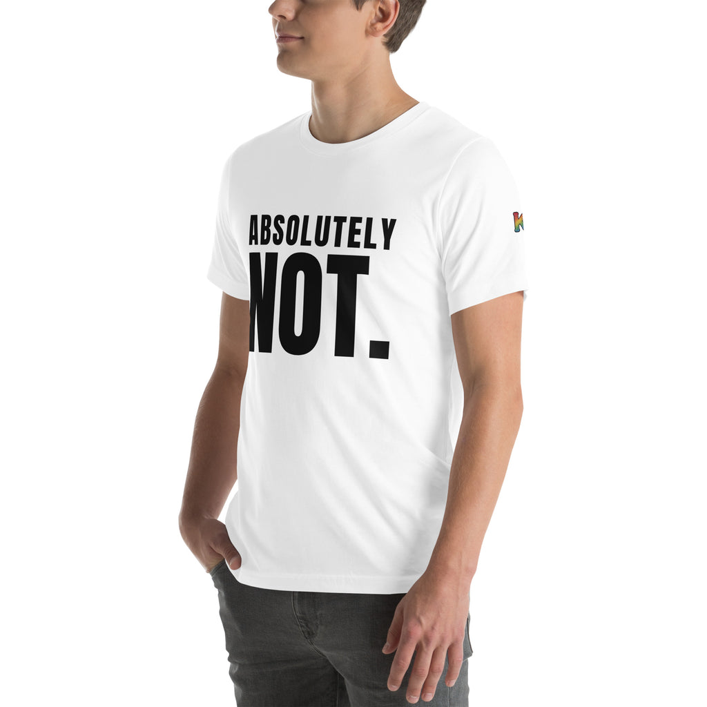 rainbow KWEEN K logo on left sleeve of white t-shirt — Absolutely Not., 3/4 front view