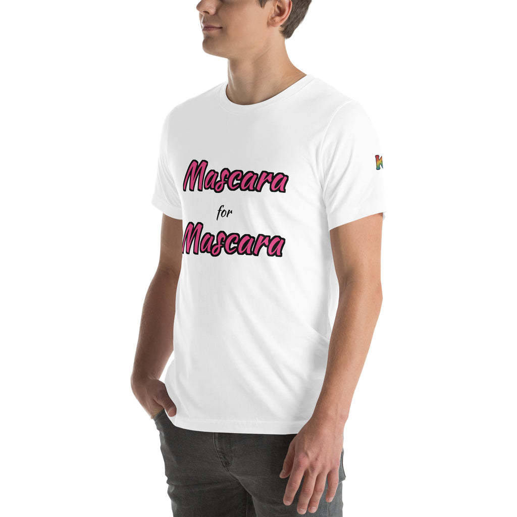 rainbow KWEEN K logo on left sleeve of white t-shirt — Mascara for Mascara, 3/4 front view