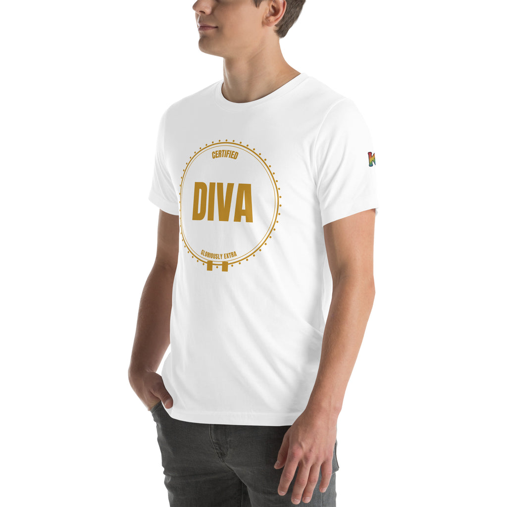 rainbow KWEEN K logo on left sleeve of white t-shirt — Certified Diva, 3/4 front view