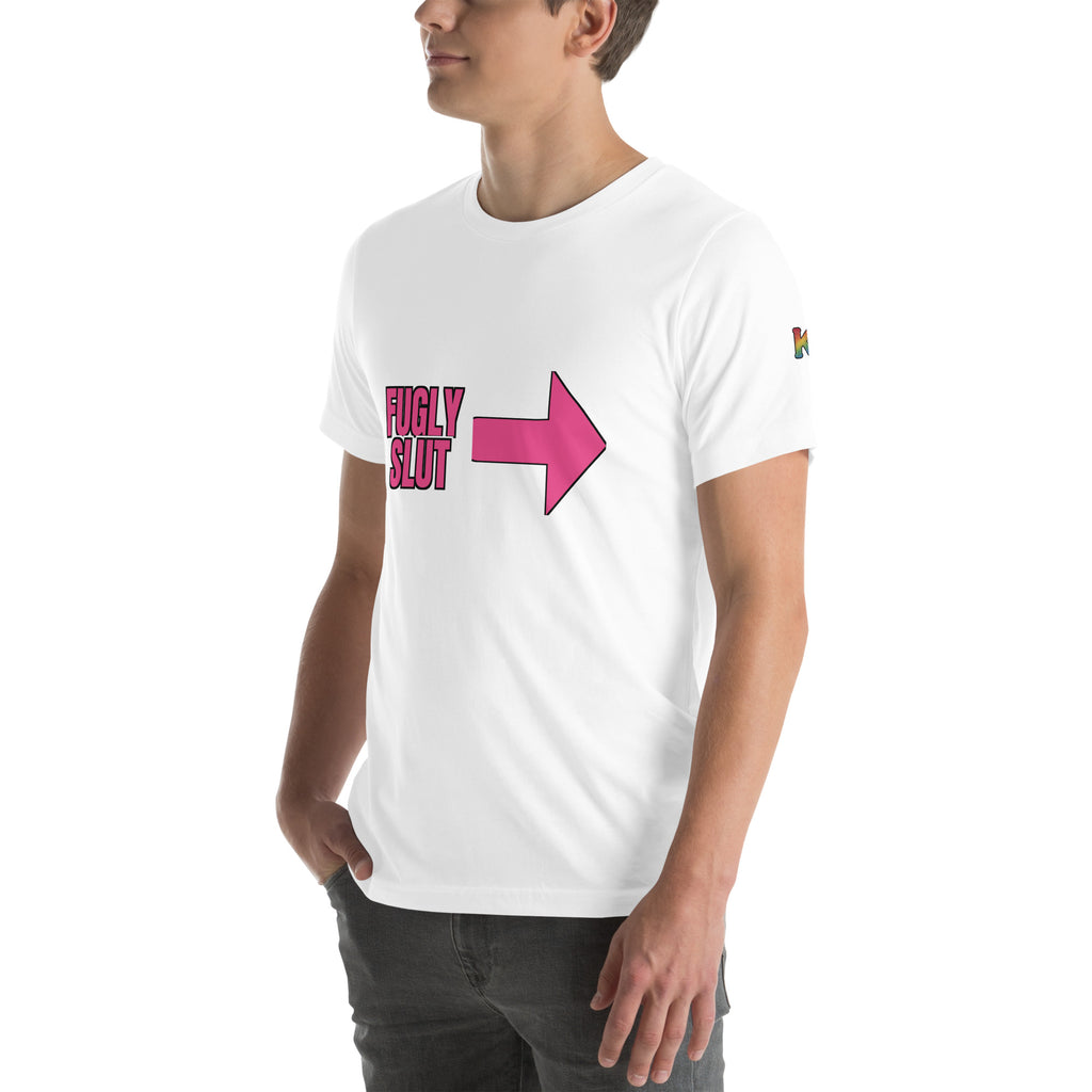 rainbow KWEEN K logo on left sleeve of white t-shirt — Fugly Sl*t Arrow Right, 3/4 front view