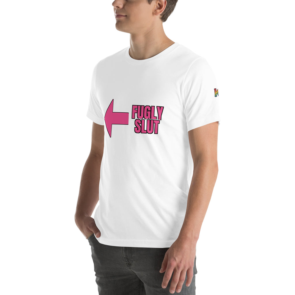 rainbow KWEEN K logo on left sleeve of white t-shirt — Fugly Sl*t Arrow Left, 3/4 front view