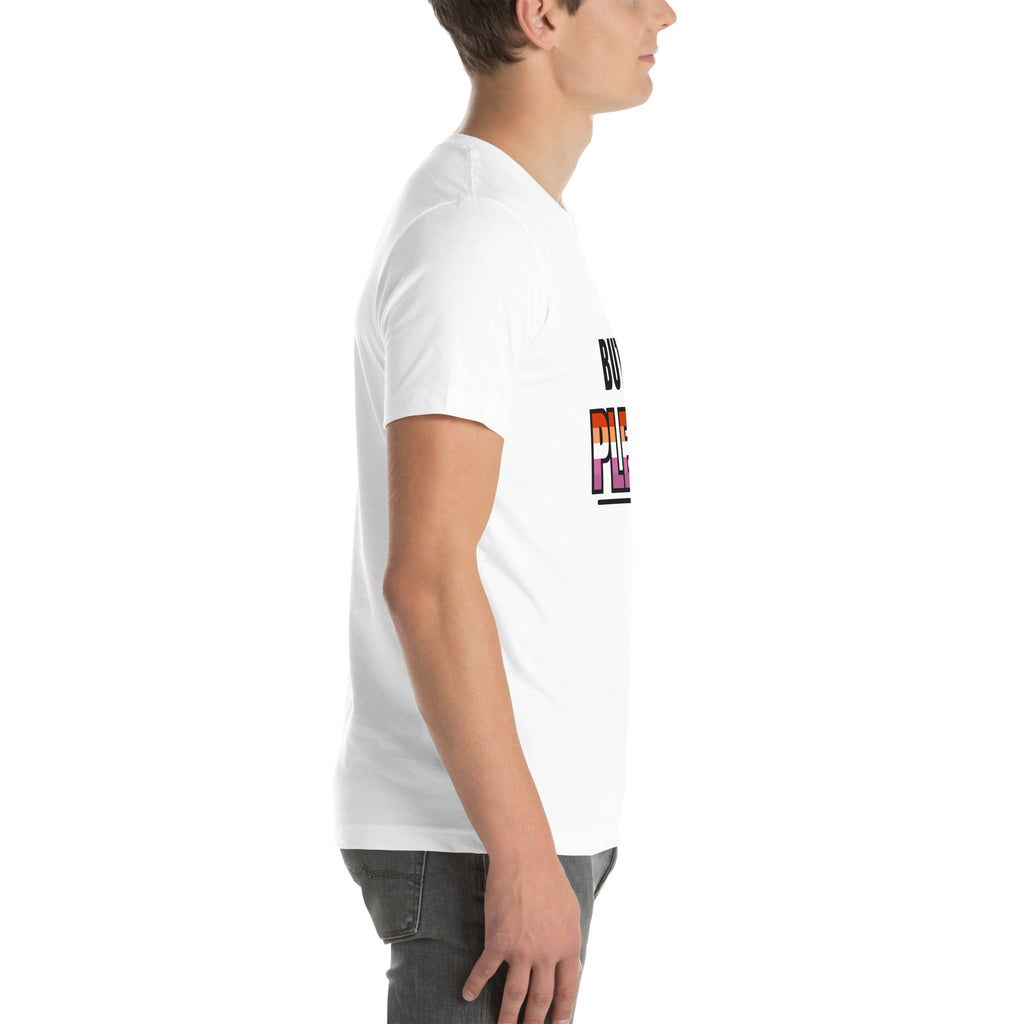 lesbian pride t-shirt — Butch, Please! print, white t-shirt right side view