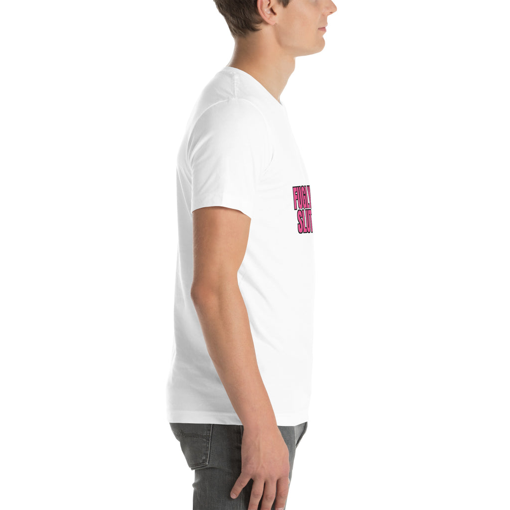 sassy pride t-shirt — Fugly Sl*t Arrow Right print, white t-shirt right side view