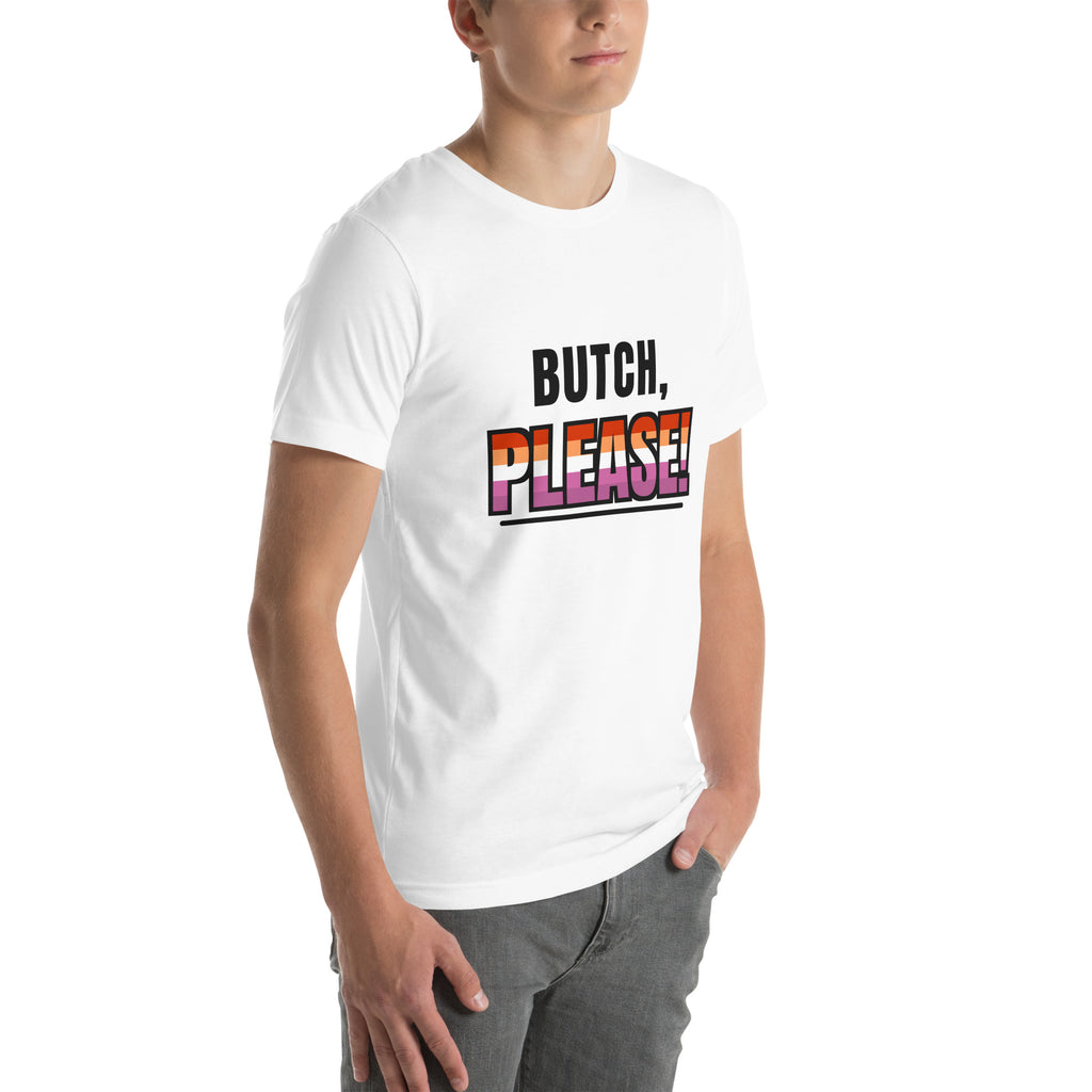 lesbian pride t-shirt — Butch, Please! print, white t-shirt right 3/4 view