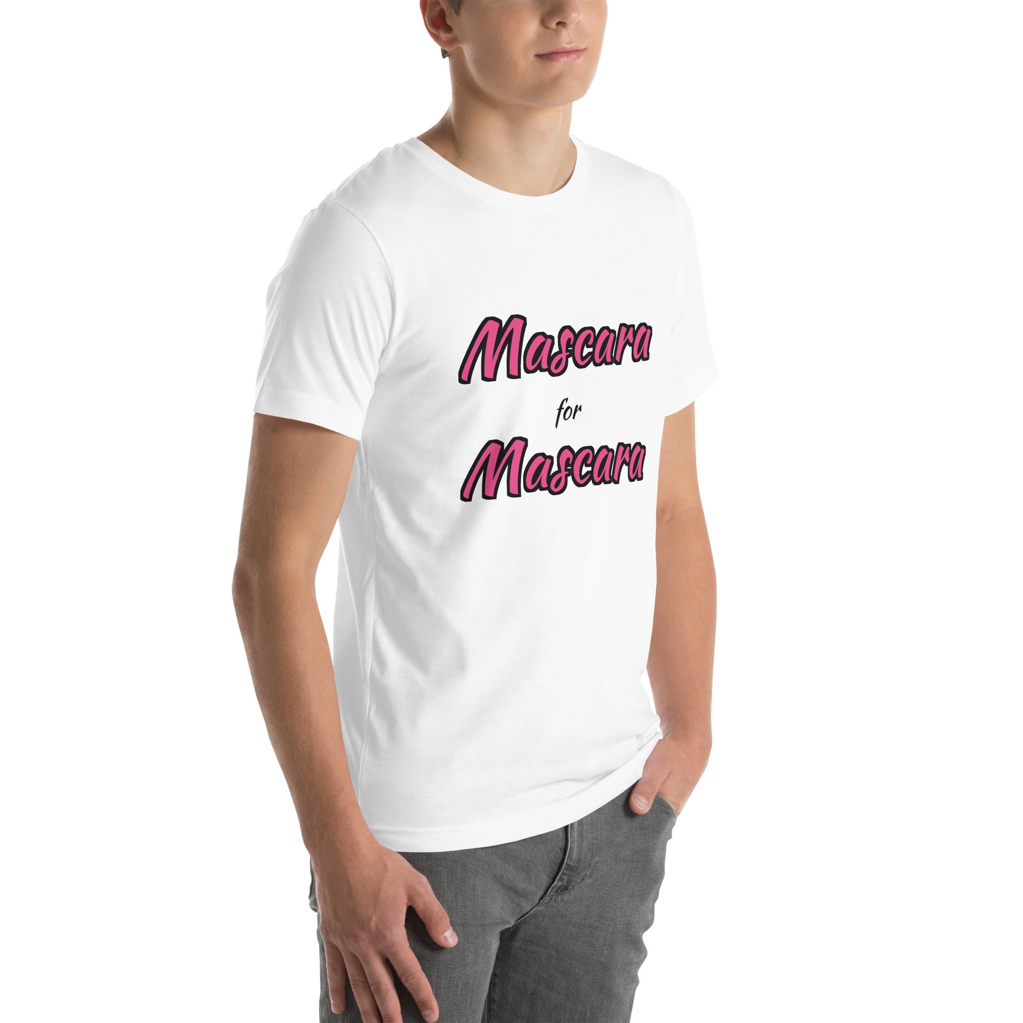 drag pride t-shirt — Mascara for Mascara print, white t-shirt right 3/4 view