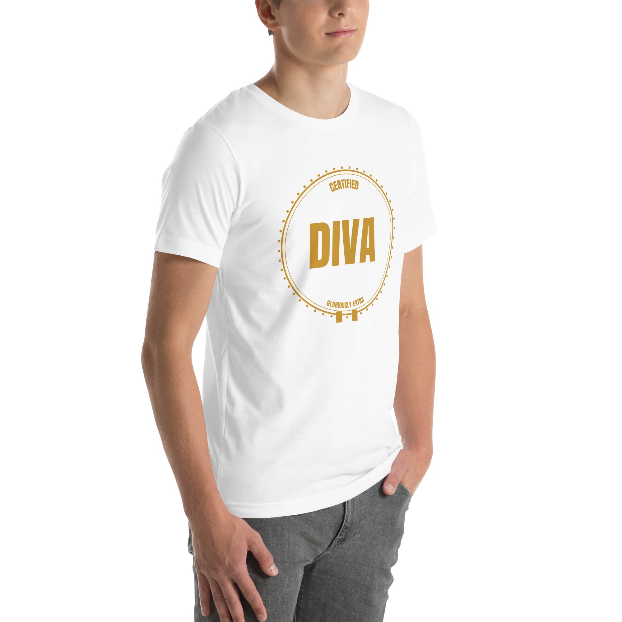 drag pride t-shirt — Certified Diva print, white t-shirt right 3/4 view
