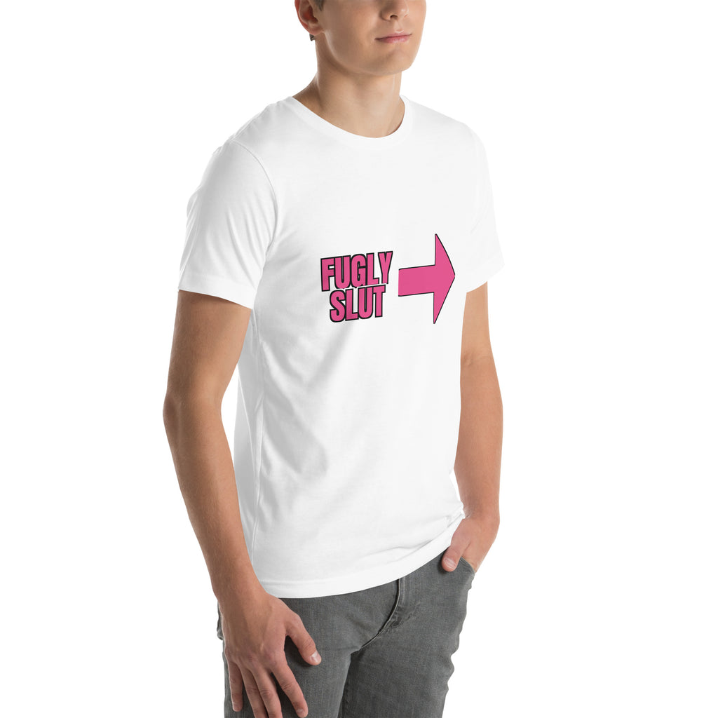 sassy pride t-shirt — Fugly Sl*t Arrow Right print, white t-shirt right 3/4 view
